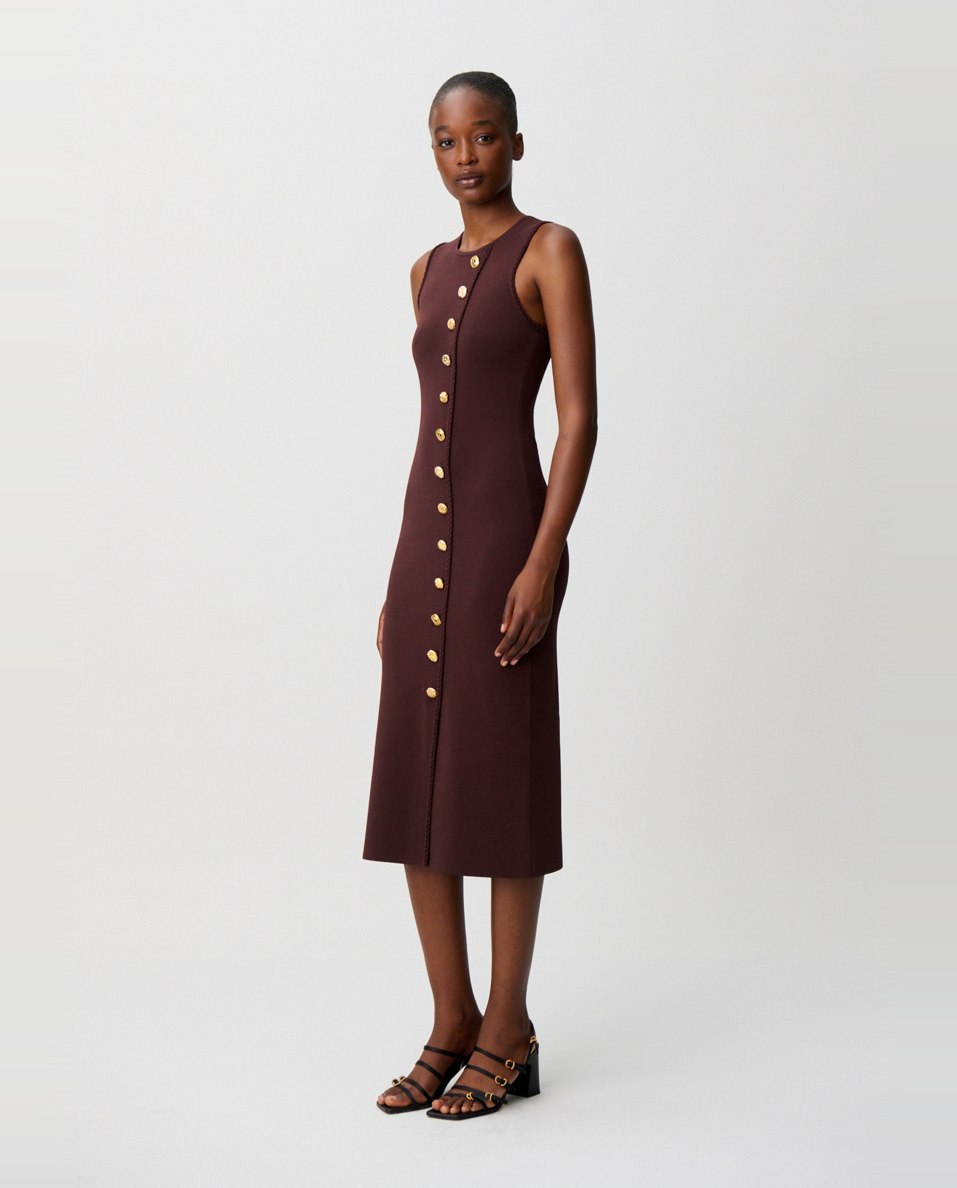 Vestido midi de punto sin mangas con botones dorados - Claudie Pierlot - Marrón Marrón-3