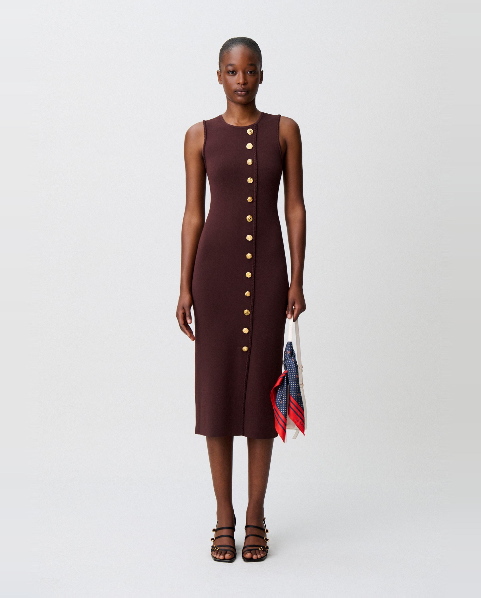 Vestido midi de punto sin mangas con botones dorados - Claudie Pierlot - Marrón Marrón-4