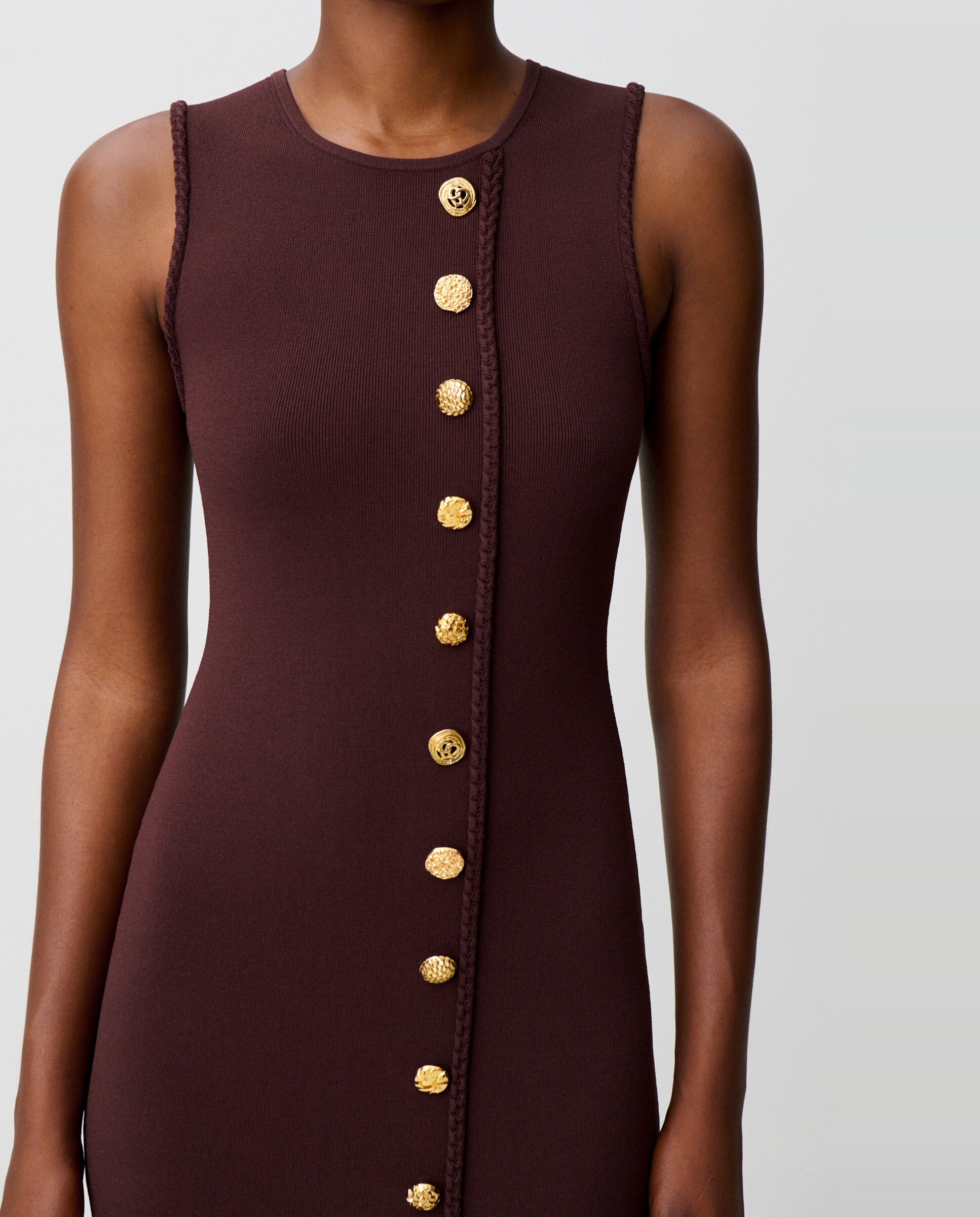 Vestido midi de punto sin mangas con botones dorados - Claudie Pierlot - Marrón Marrón-5