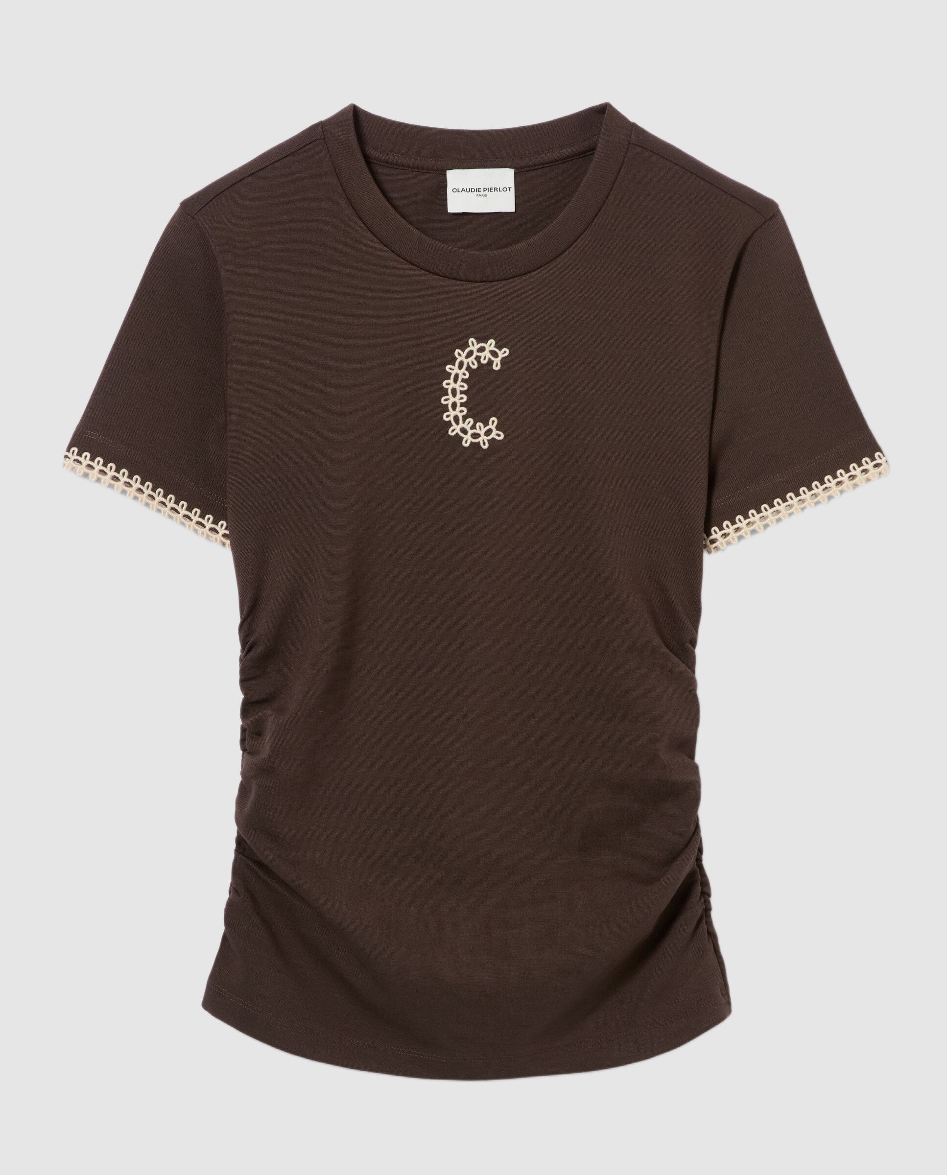 Camiseta de punto de mujer manga corta drapeada con logo - Claudie Pierlot - Marrón Marrón-8