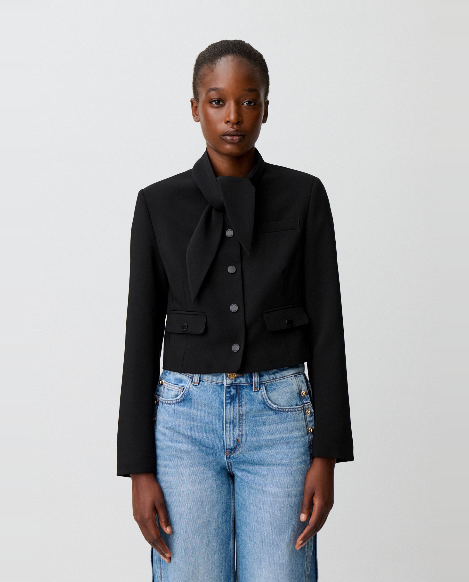 Chaqueta de mujer cuello pañuelo desmontable estilo caja - Claudie Pierlot - Negro Negro-1