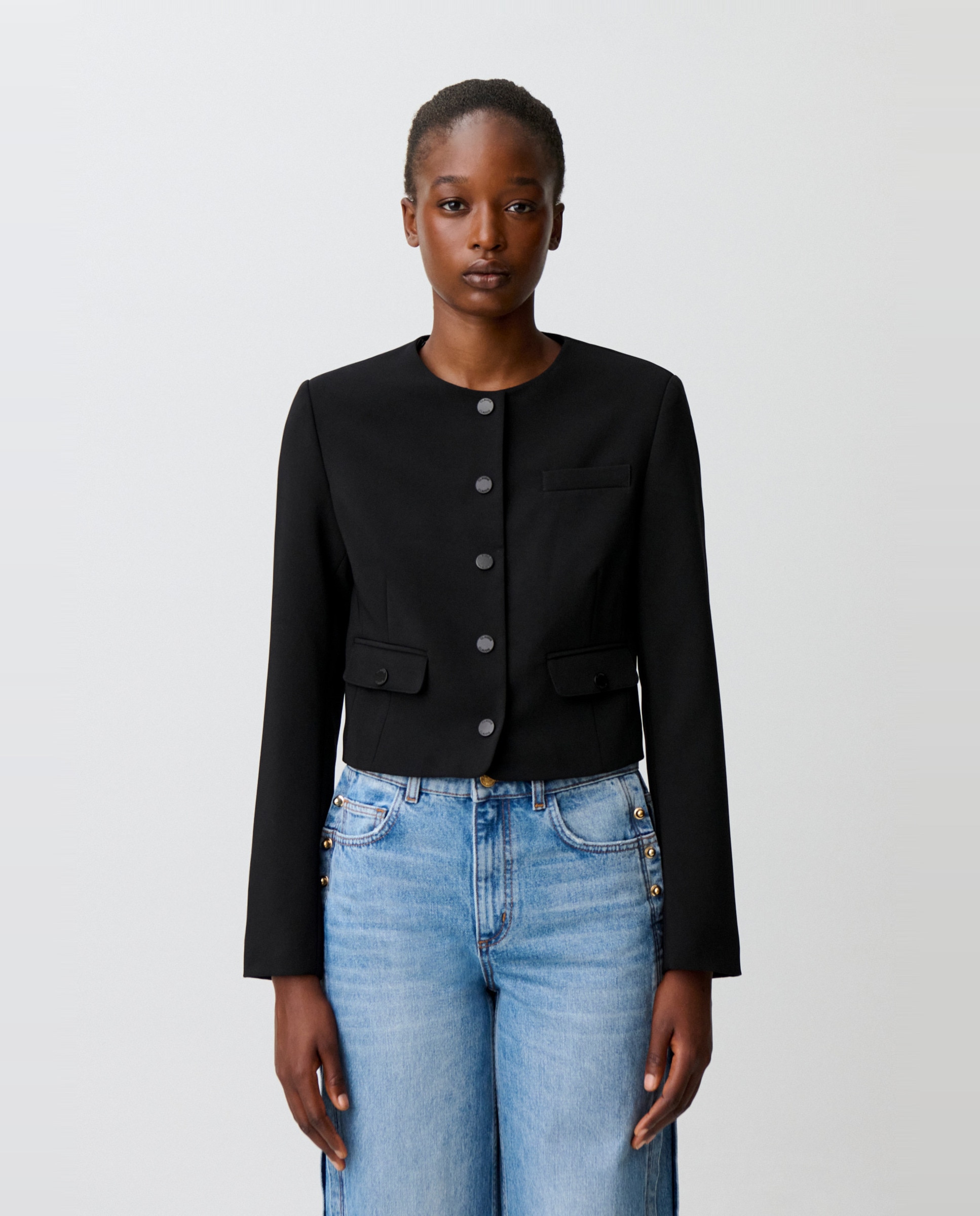 Chaqueta de mujer cuello pañuelo desmontable estilo caja - Claudie Pierlot - Negro Negro-6