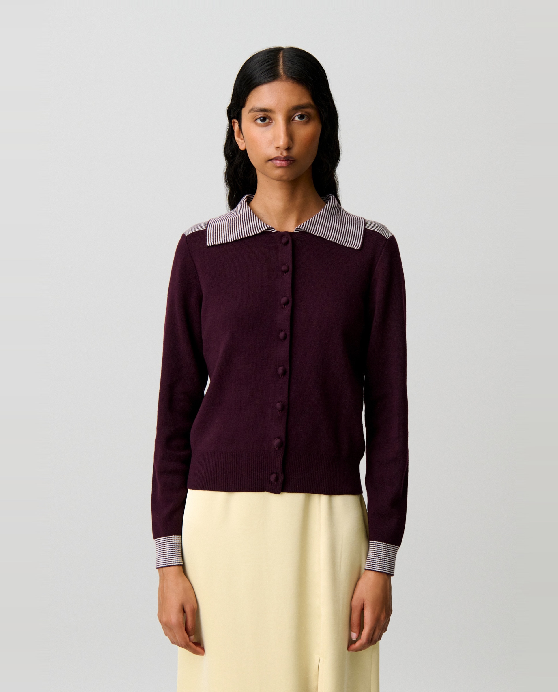Cárdigan de lana de mujer cuello marinero a rayas - Claudie Pierlot - Morado Morado-1