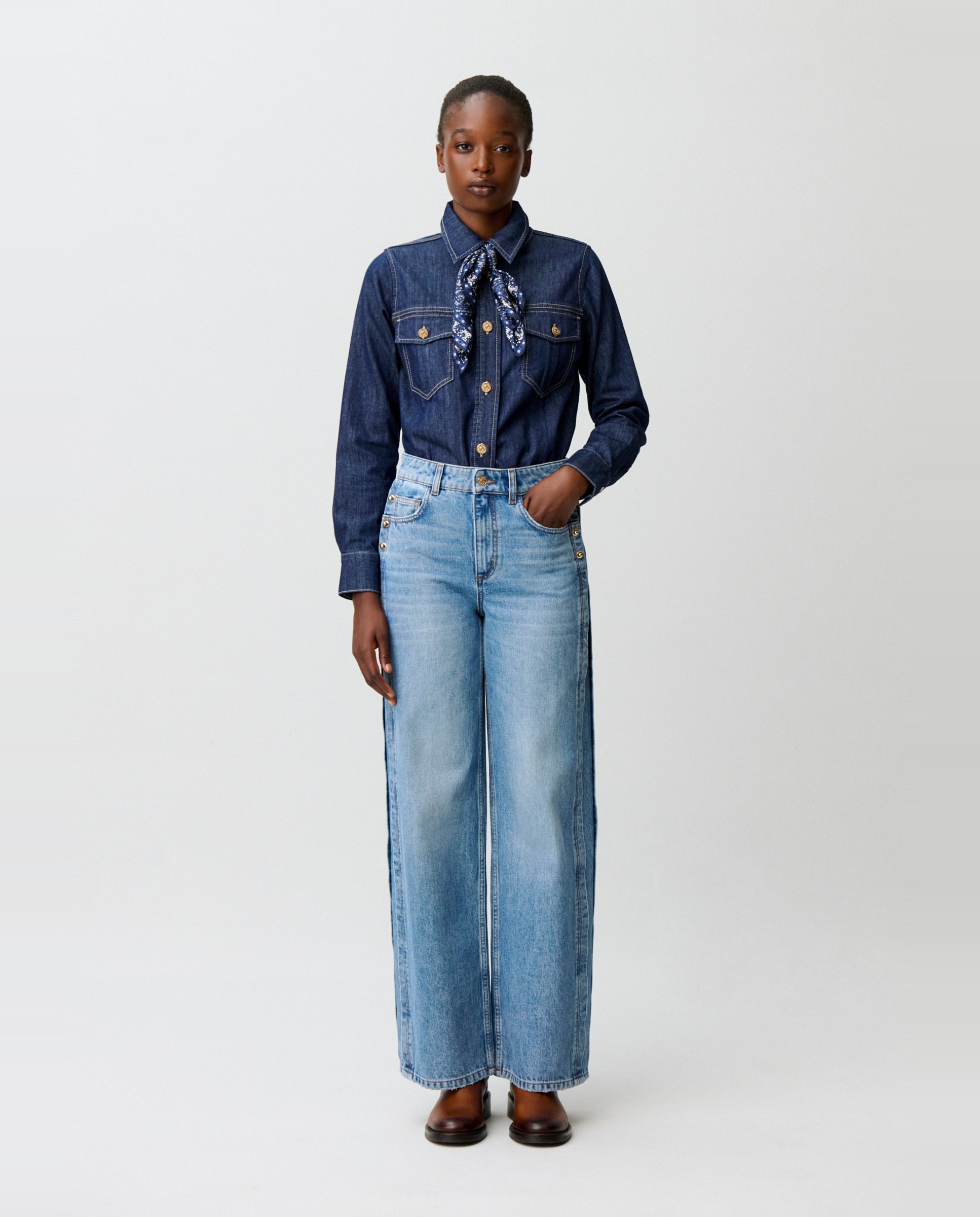 Vaqueros anchos de mujer 100% algodón orgánico con cortes y detalles dorados - Claudie Pierlot - Azul Azul-1