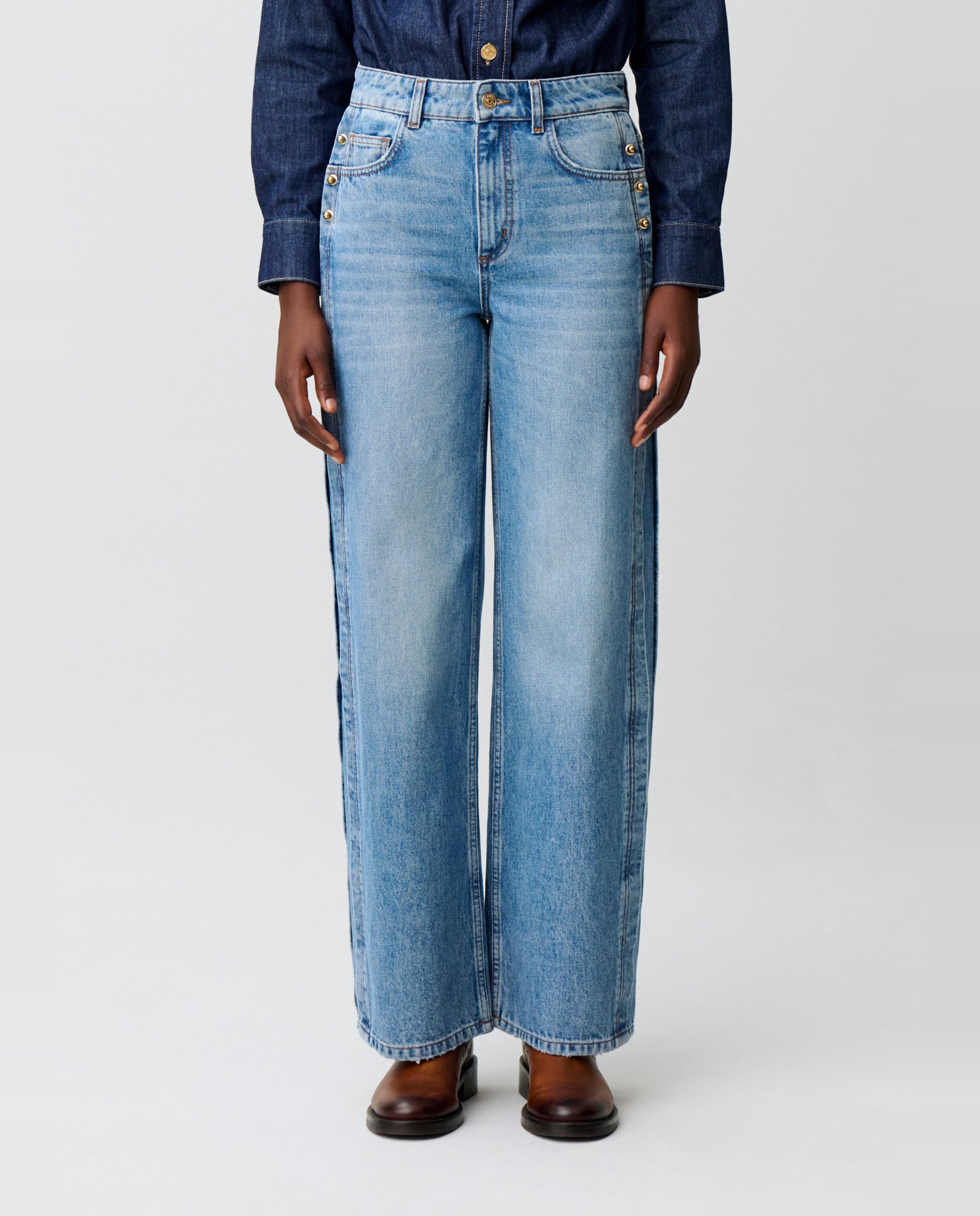 Vaqueros anchos de mujer 100% algodón orgánico con cortes y detalles dorados - Claudie Pierlot - Azul Azul-2