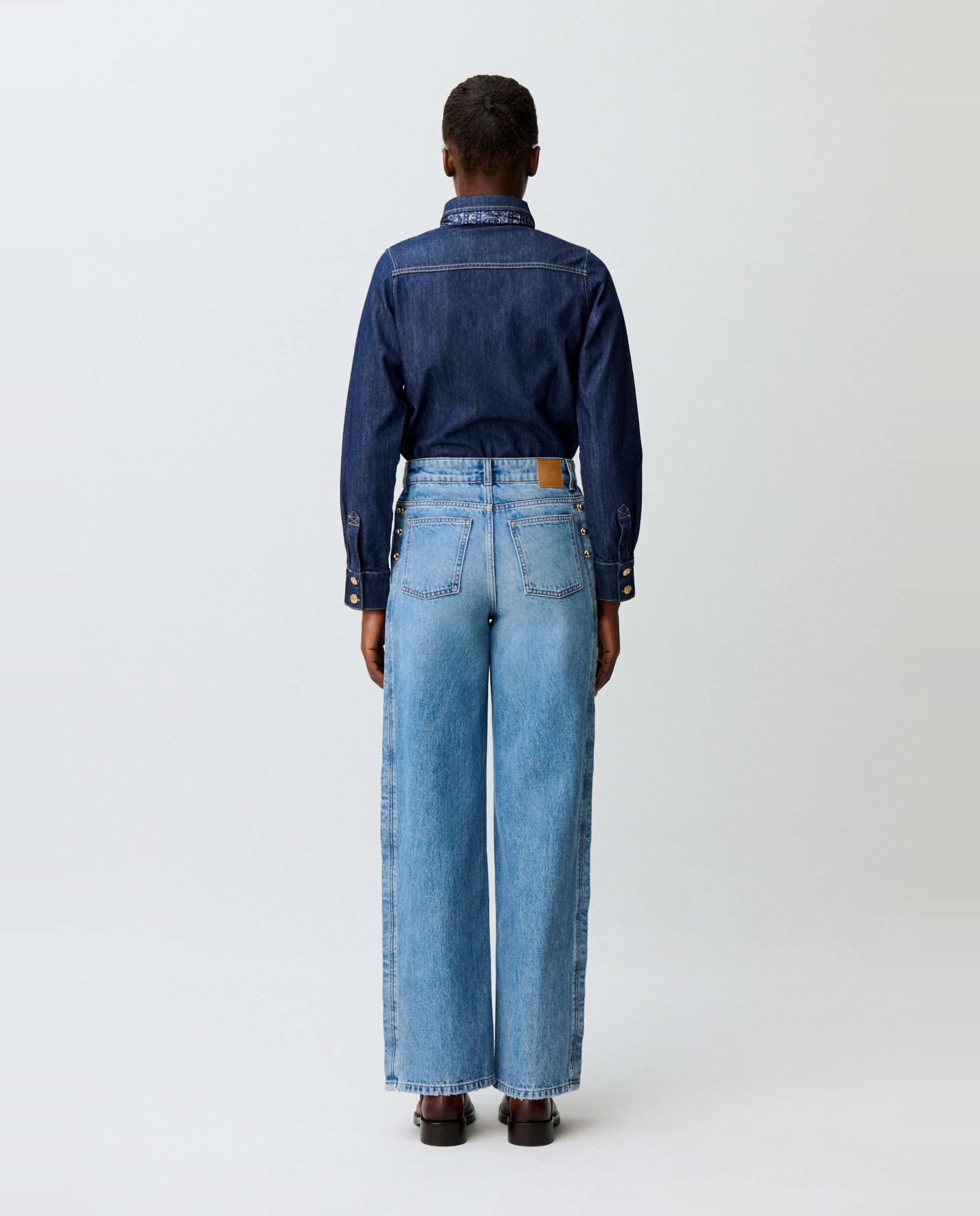 Vaqueros anchos de mujer 100% algodón orgánico con cortes y detalles dorados - Claudie Pierlot - Azul Azul-3