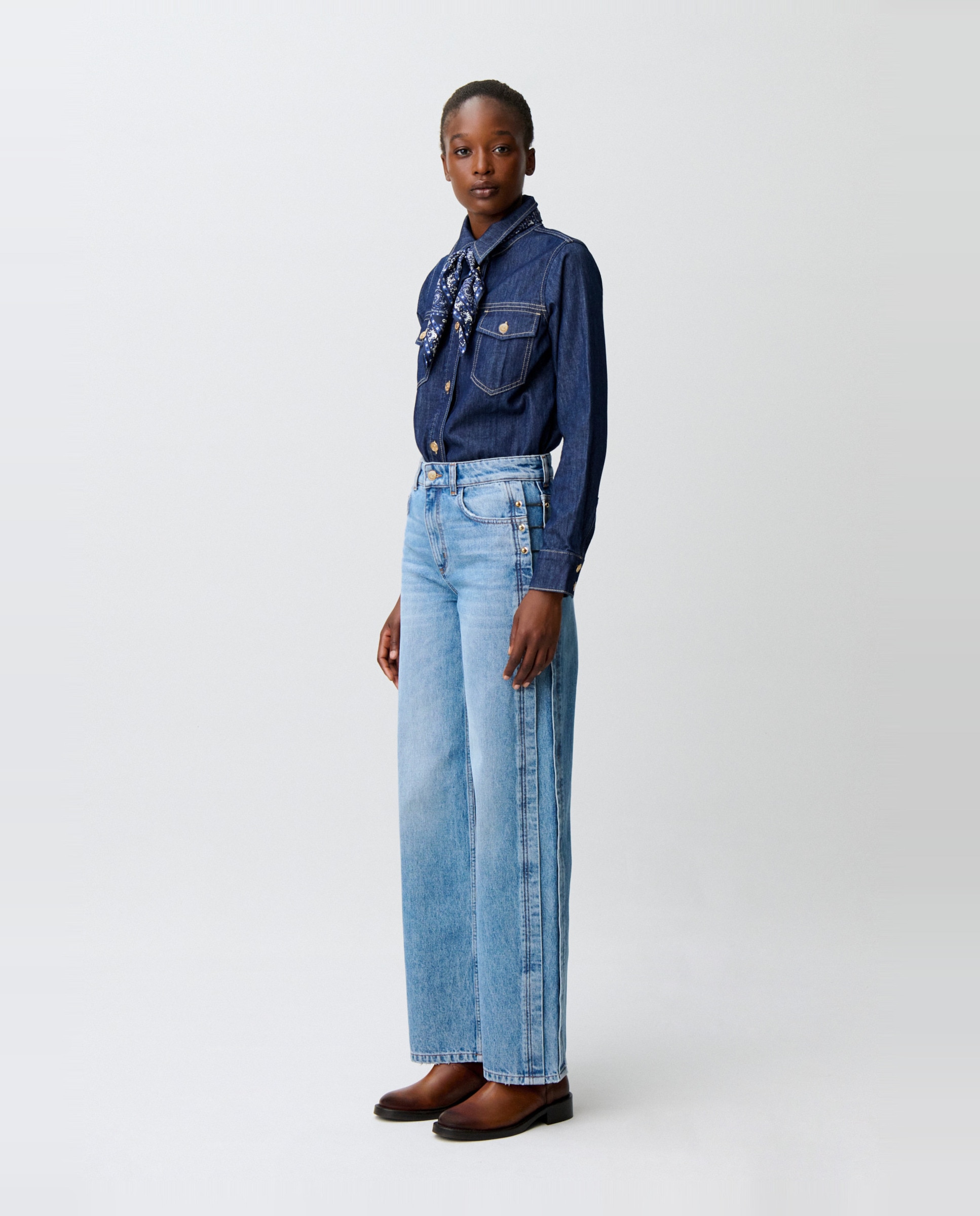 Vaqueros anchos de mujer 100% algodón orgánico con cortes y detalles dorados - Claudie Pierlot - Azul Azul-4