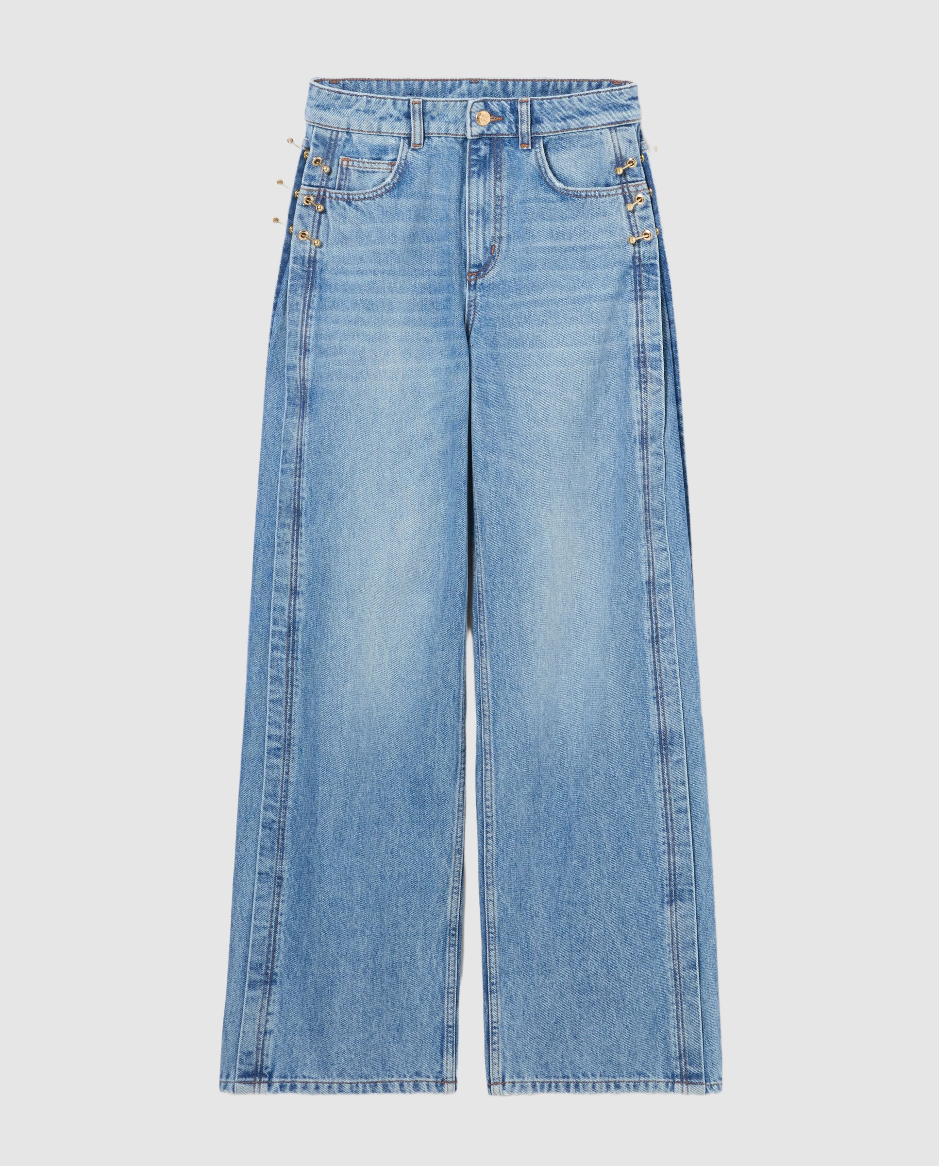 Vaqueros anchos de mujer 100% algodón orgánico con cortes y detalles dorados - Claudie Pierlot - Azul Azul-6