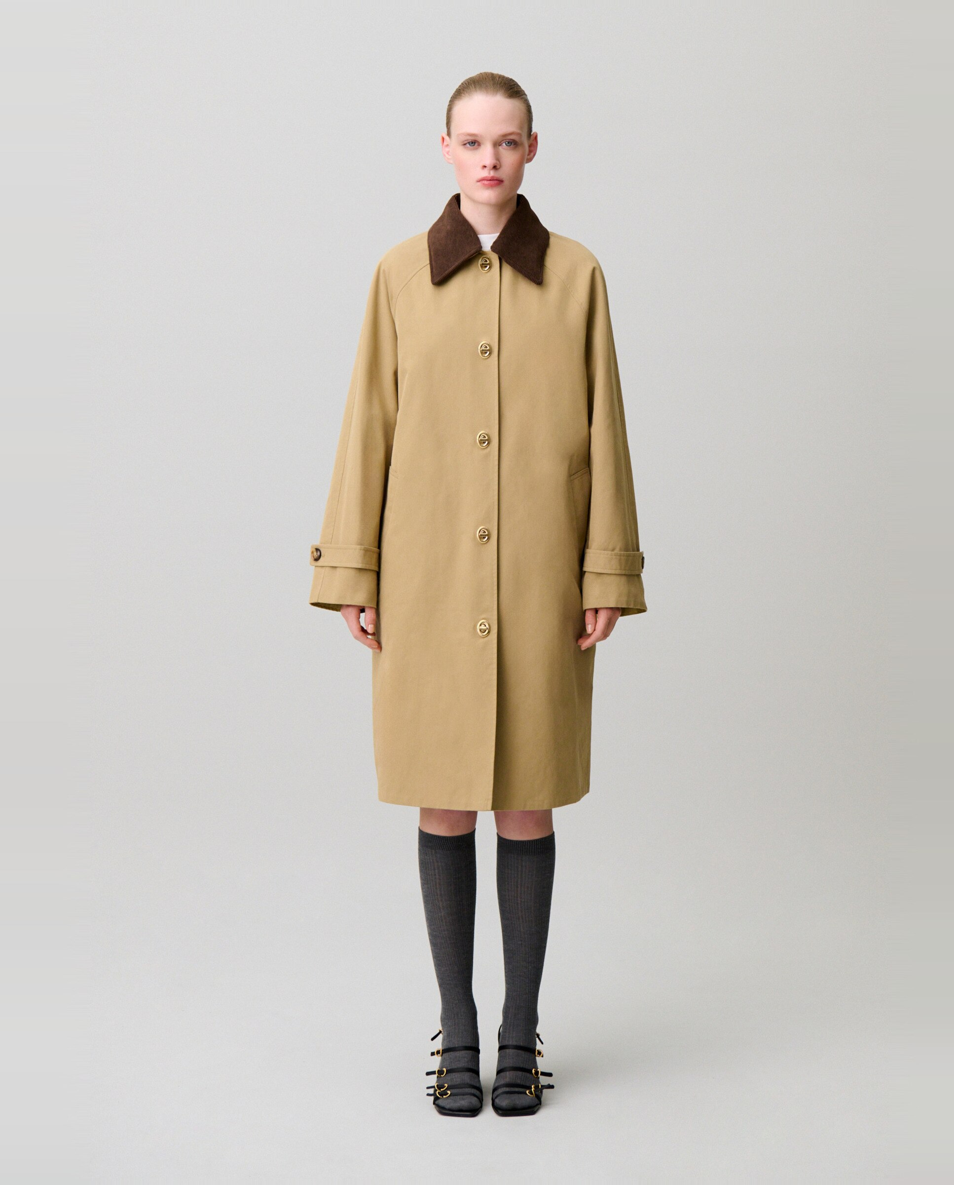 Gabardina de mujer midi con cuello de terciopelo desmontable - Claudie Pierlot - Beige Beige-1