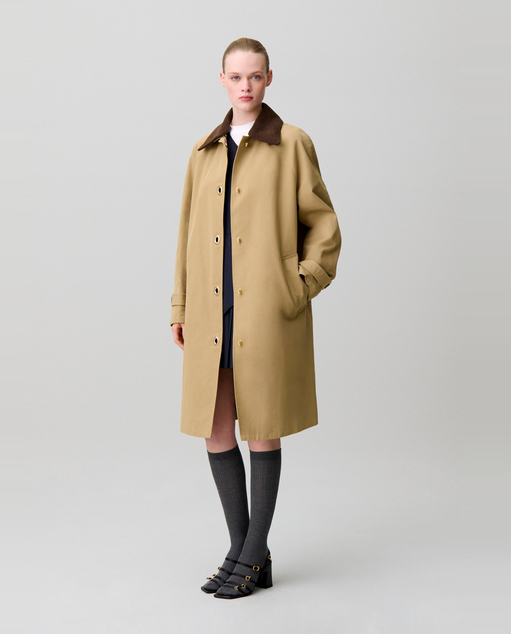Gabardina de mujer midi con cuello de terciopelo desmontable - Claudie Pierlot - Beige Beige-4