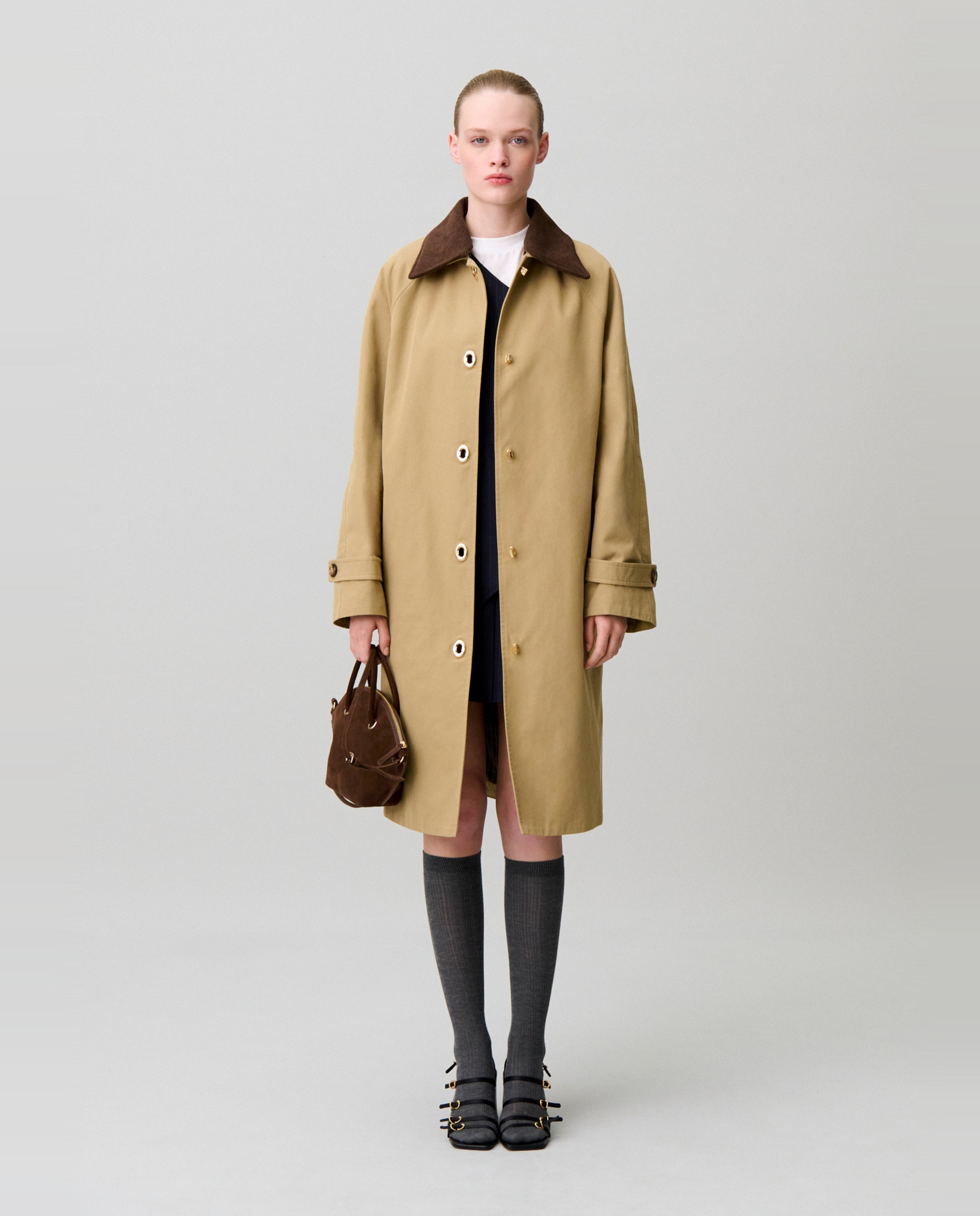 Gabardina de mujer midi con cuello de terciopelo desmontable - Claudie Pierlot - Beige Beige-6