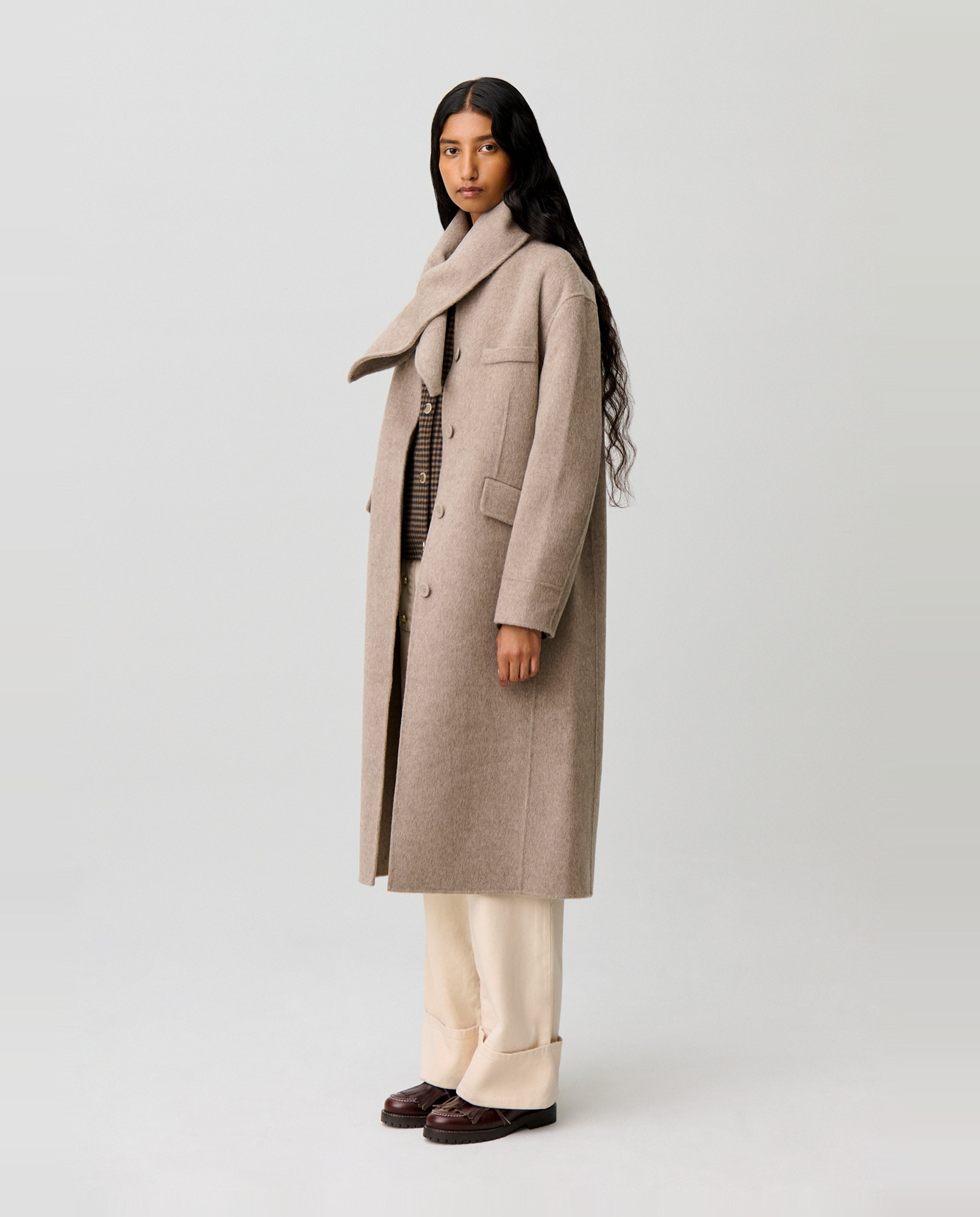Abrigo de paño de mujer largo con cuello fular desmontable - Claudie Pierlot - Beige Beige-2