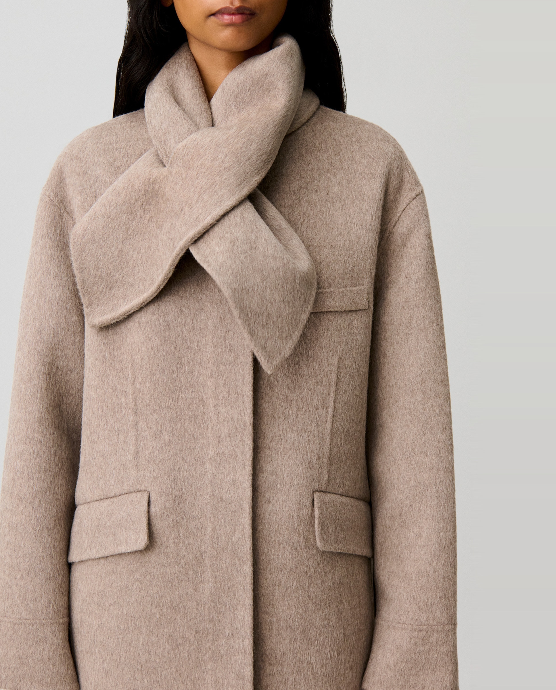 Abrigo de paño de mujer largo con cuello fular desmontable - Claudie Pierlot - Beige Beige-4