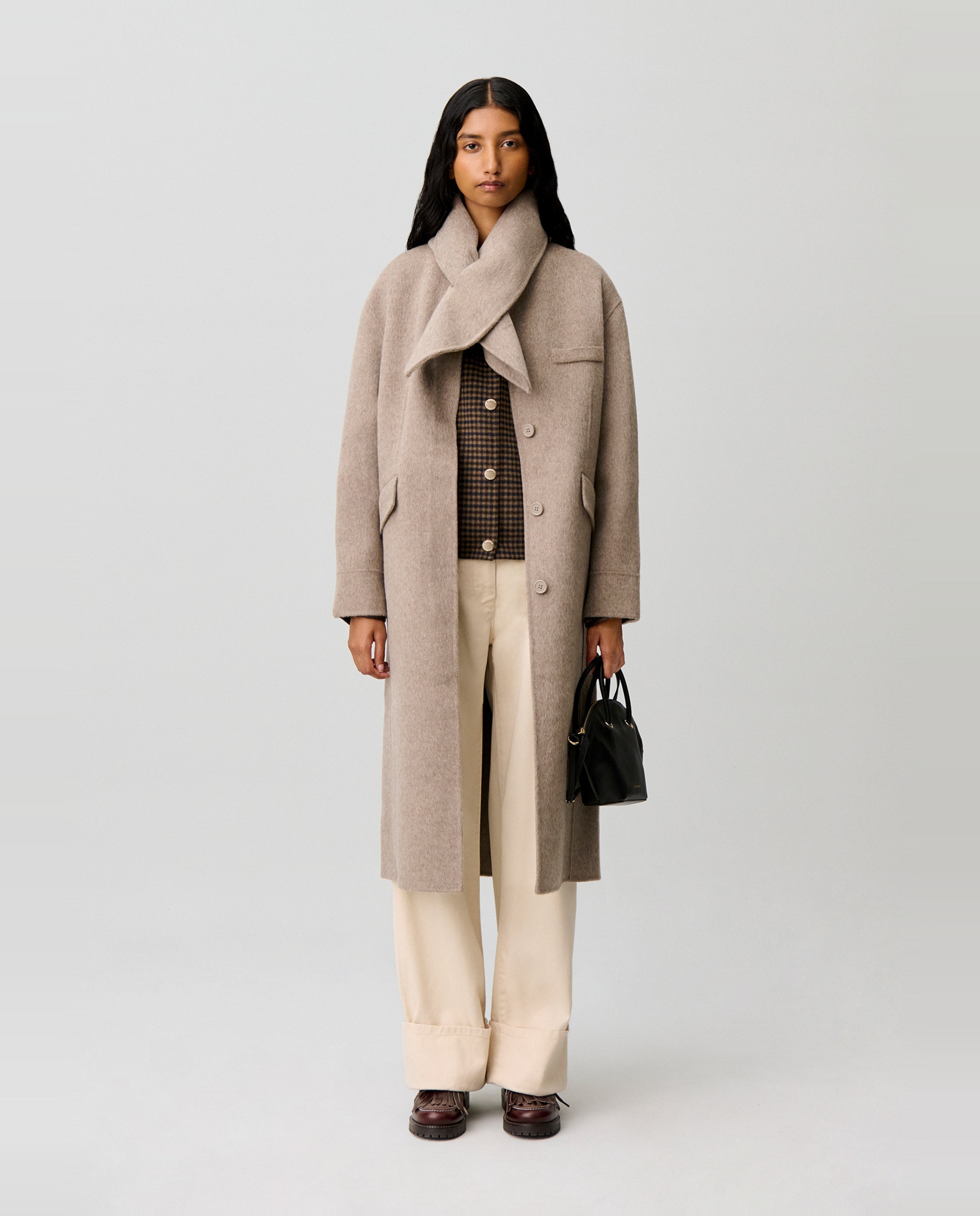 Abrigo de paño de mujer largo con cuello fular desmontable - Claudie Pierlot - Beige Beige-5