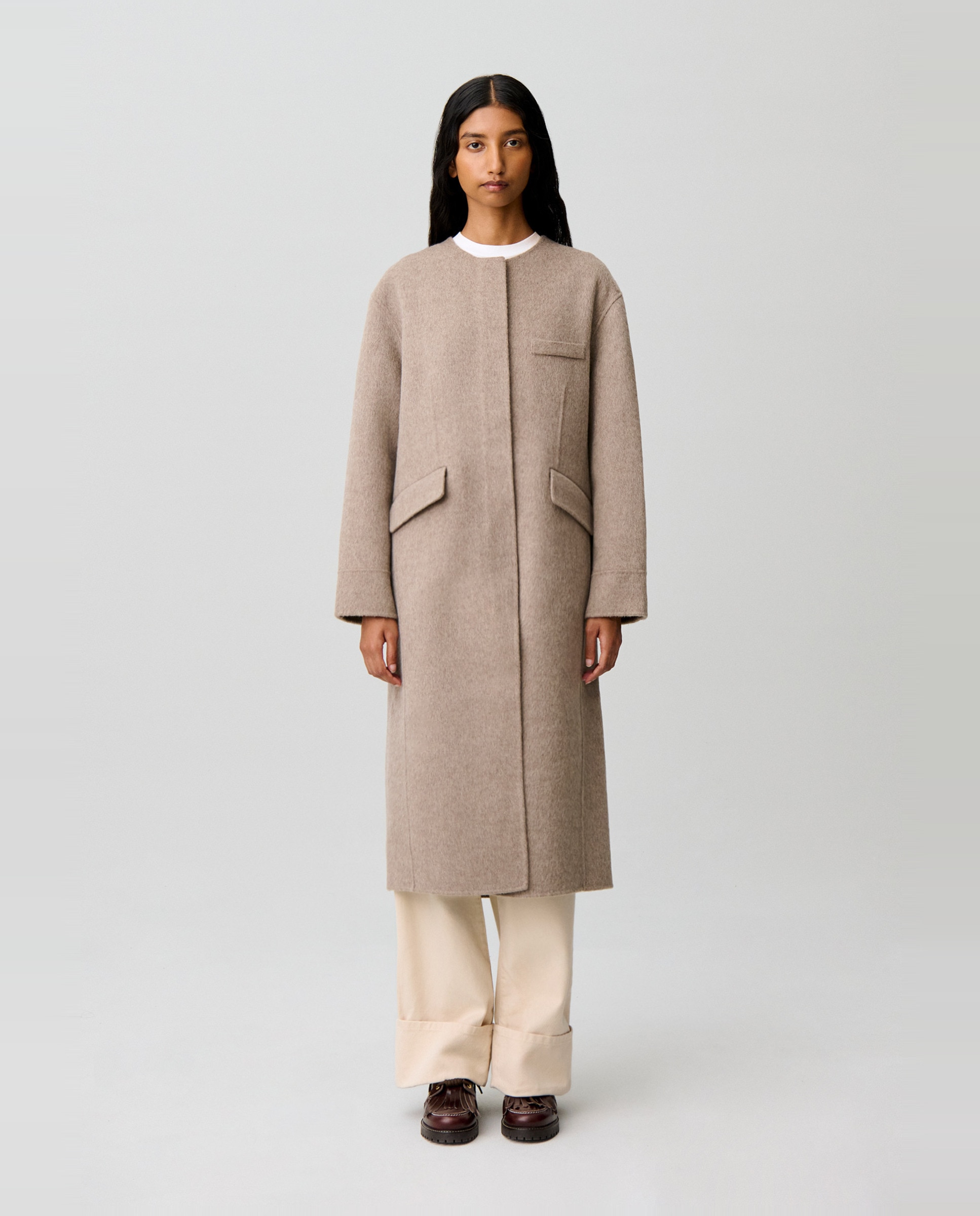 Abrigo de paño de mujer largo con cuello fular desmontable - Claudie Pierlot - Beige Beige-6