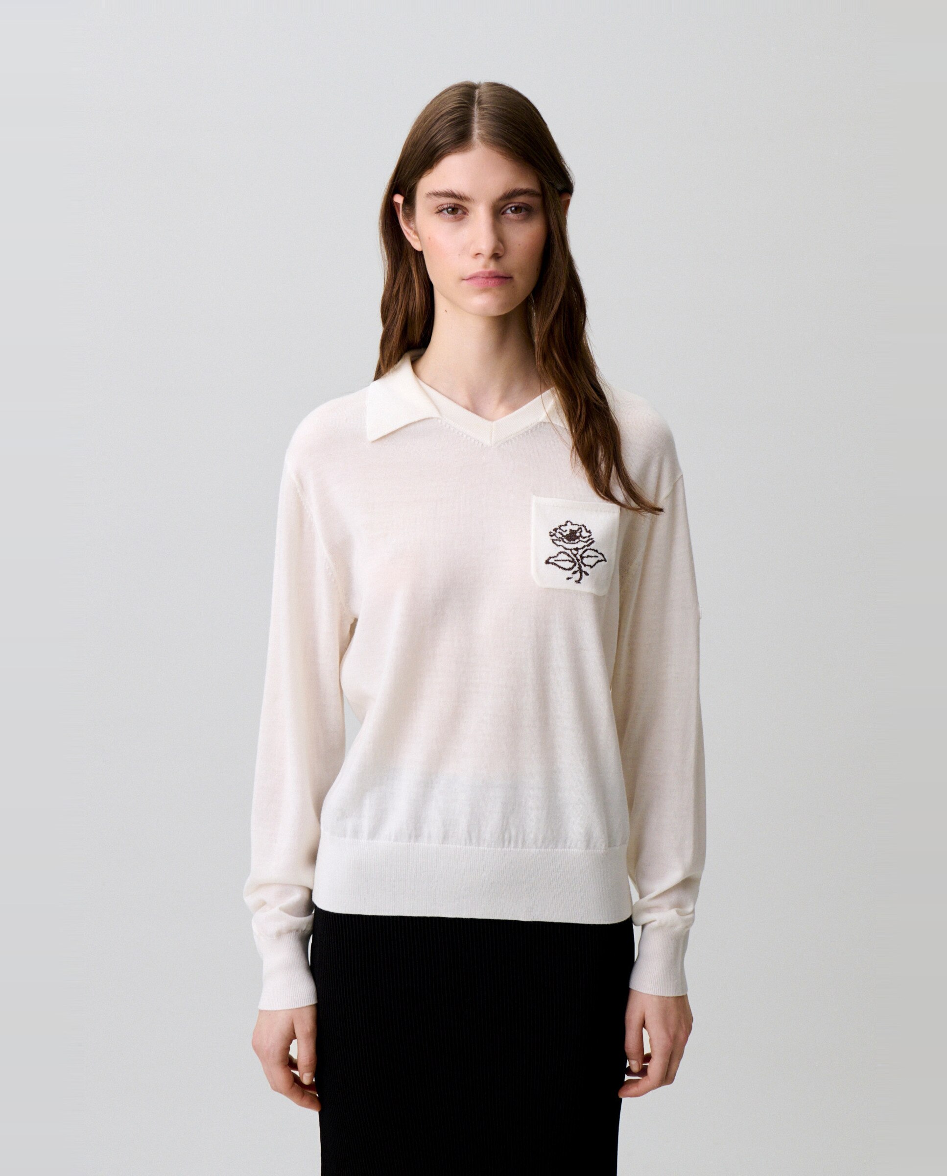 Jersey de punto de mujer con cuello doble y bordado floral - Claudie Pierlot - Blanco Blanco-1