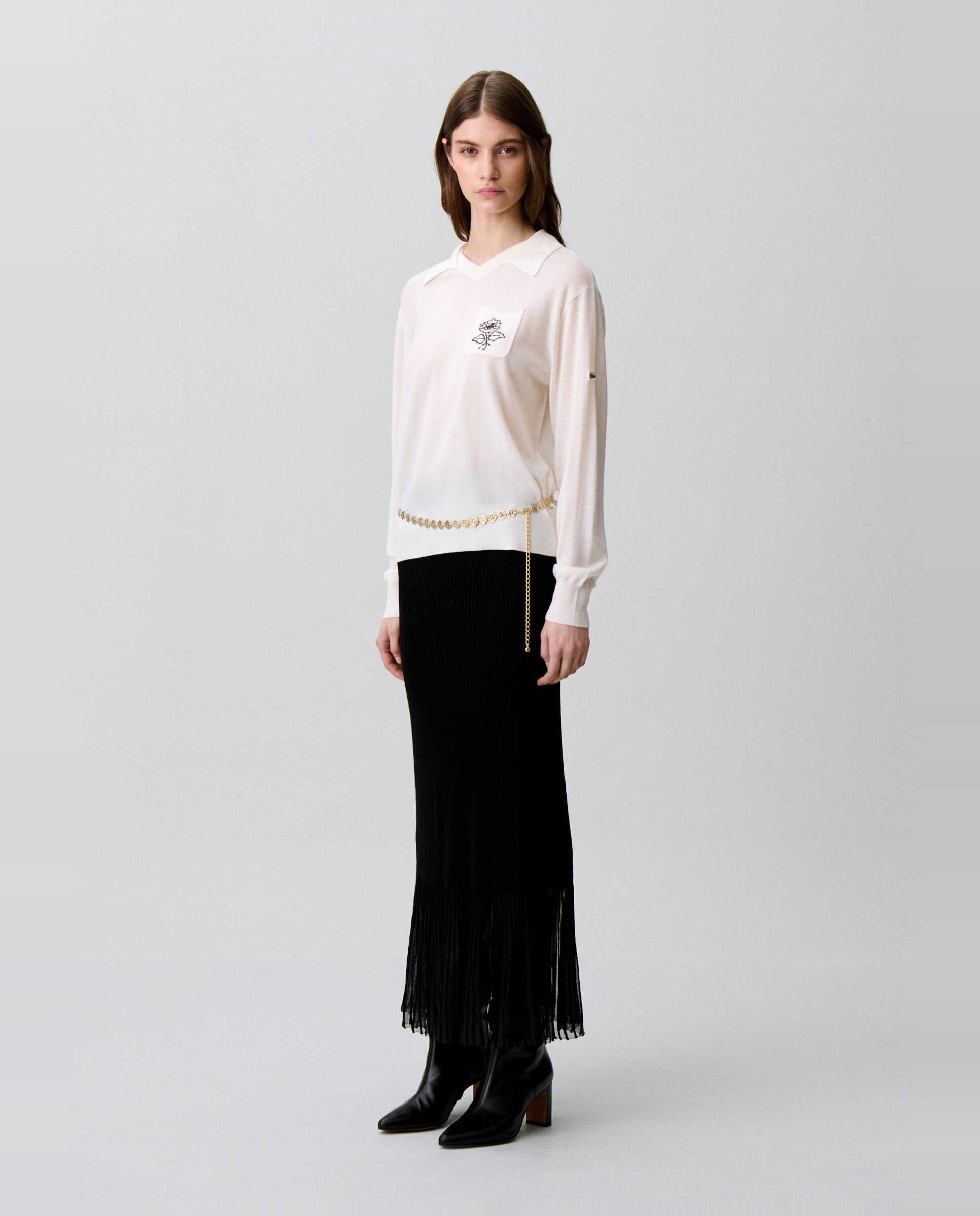 Jersey de punto de mujer con cuello doble y bordado floral - Claudie Pierlot - Blanco Blanco-3