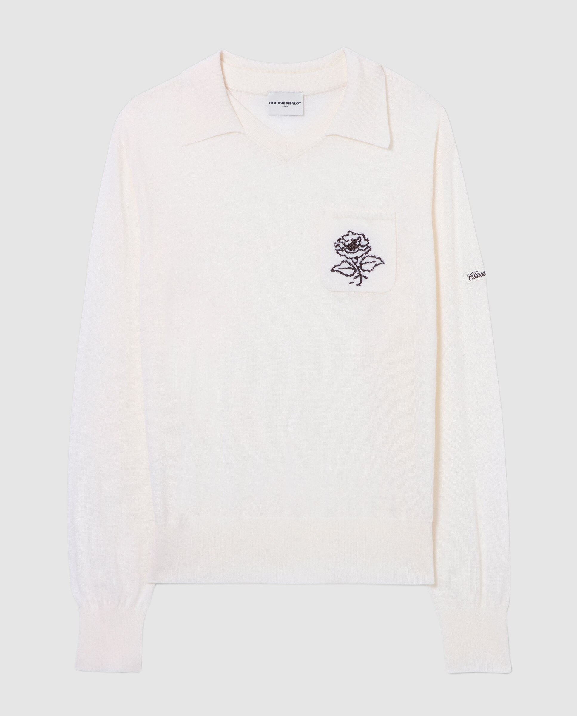 Jersey de punto de mujer con cuello doble y bordado floral - Claudie Pierlot - Blanco Blanco-6