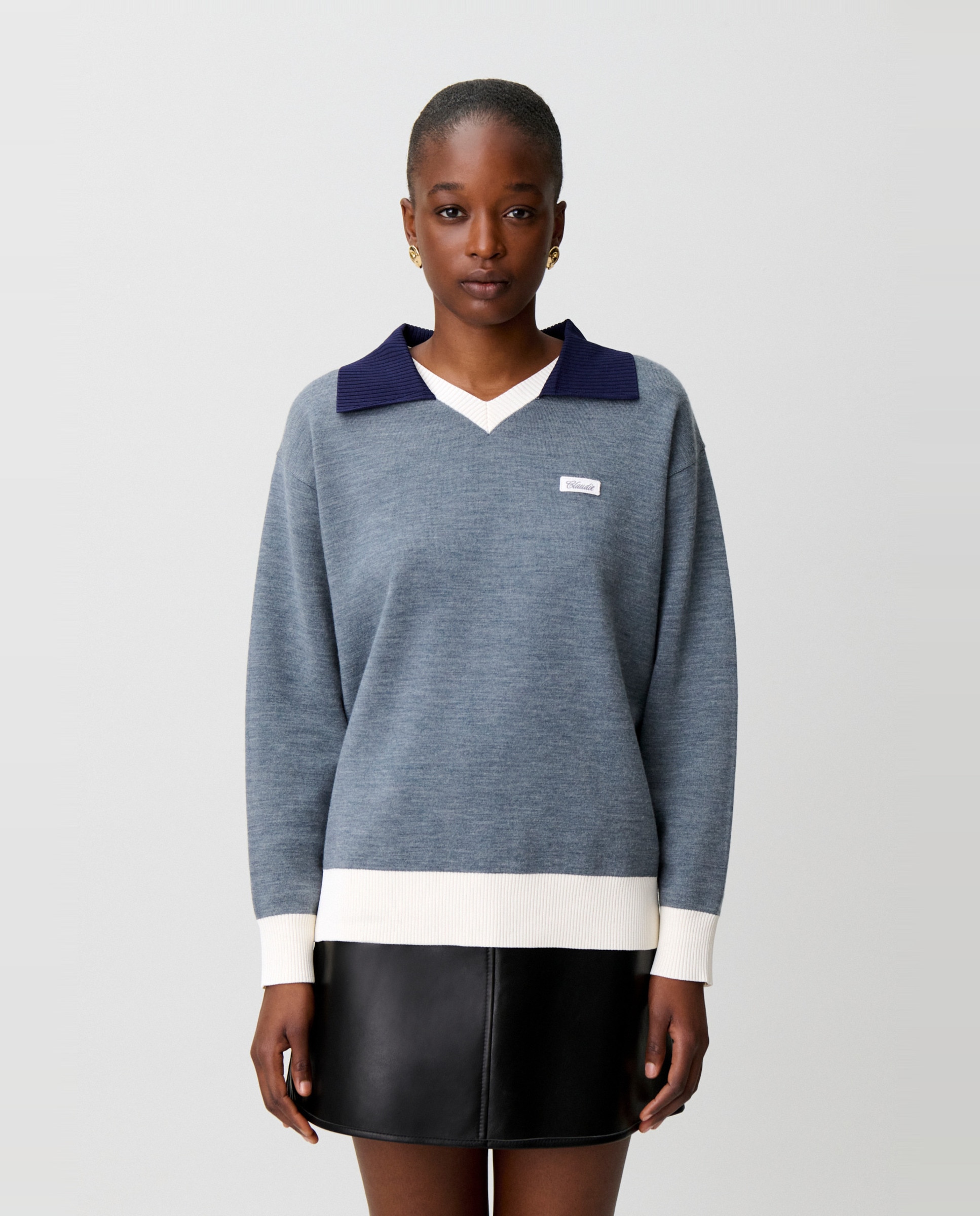 Jersey de punto grueso de mujer con manga larga, cuello doble contraste y corte oversize - Claudie Pierlot - Gris Gris-1