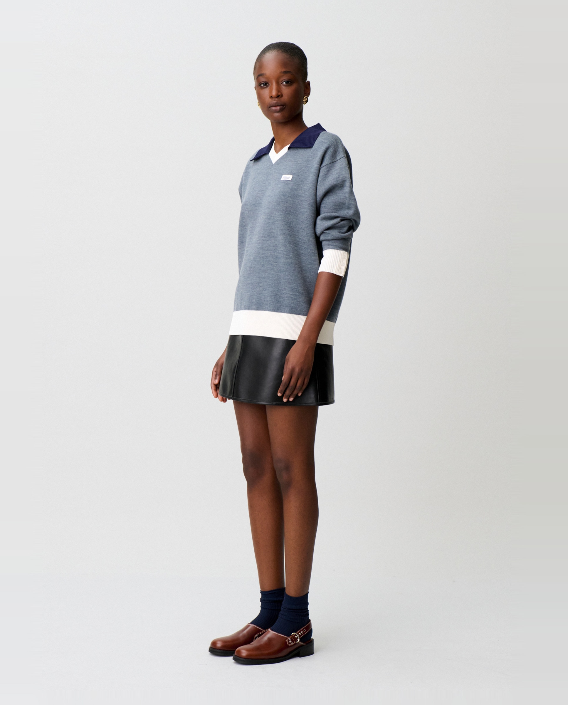 Jersey de punto grueso de mujer con manga larga, cuello doble contraste y corte oversize - Claudie Pierlot - Gris Gris-3