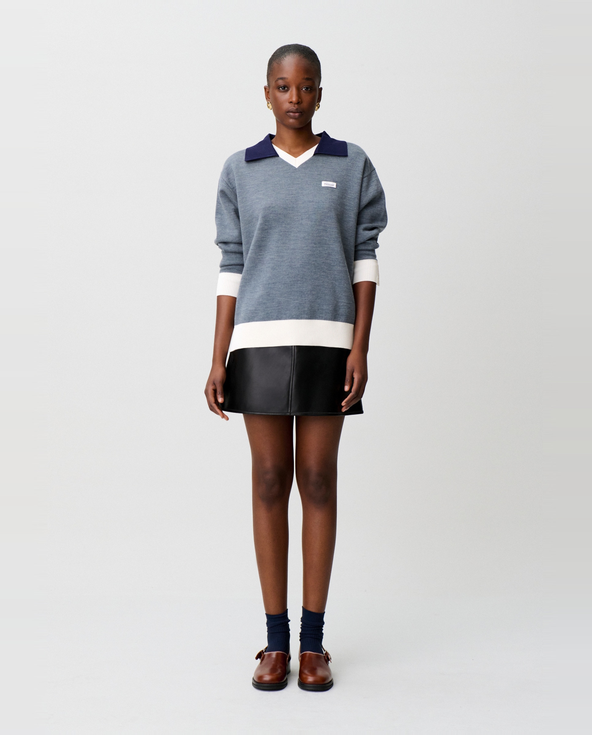 Jersey de punto grueso de mujer con manga larga, cuello doble contraste y corte oversize - Claudie Pierlot - Gris Gris-4