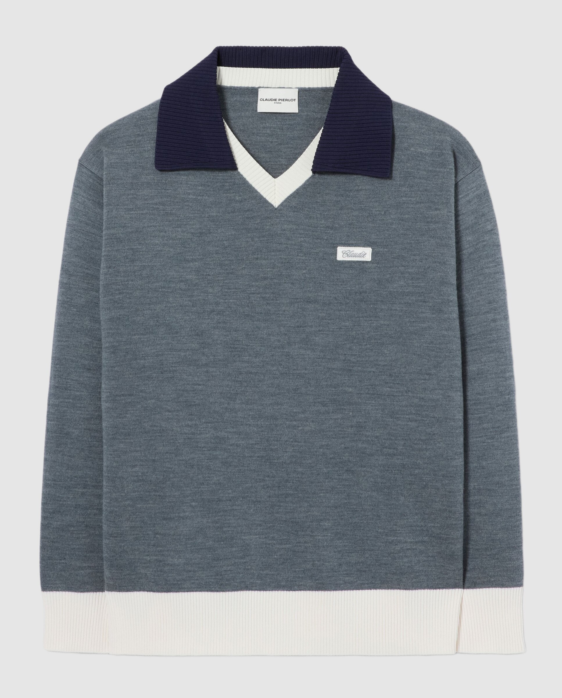 Jersey de punto grueso de mujer con manga larga, cuello doble contraste y corte oversize - Claudie Pierlot - Gris Gris-6