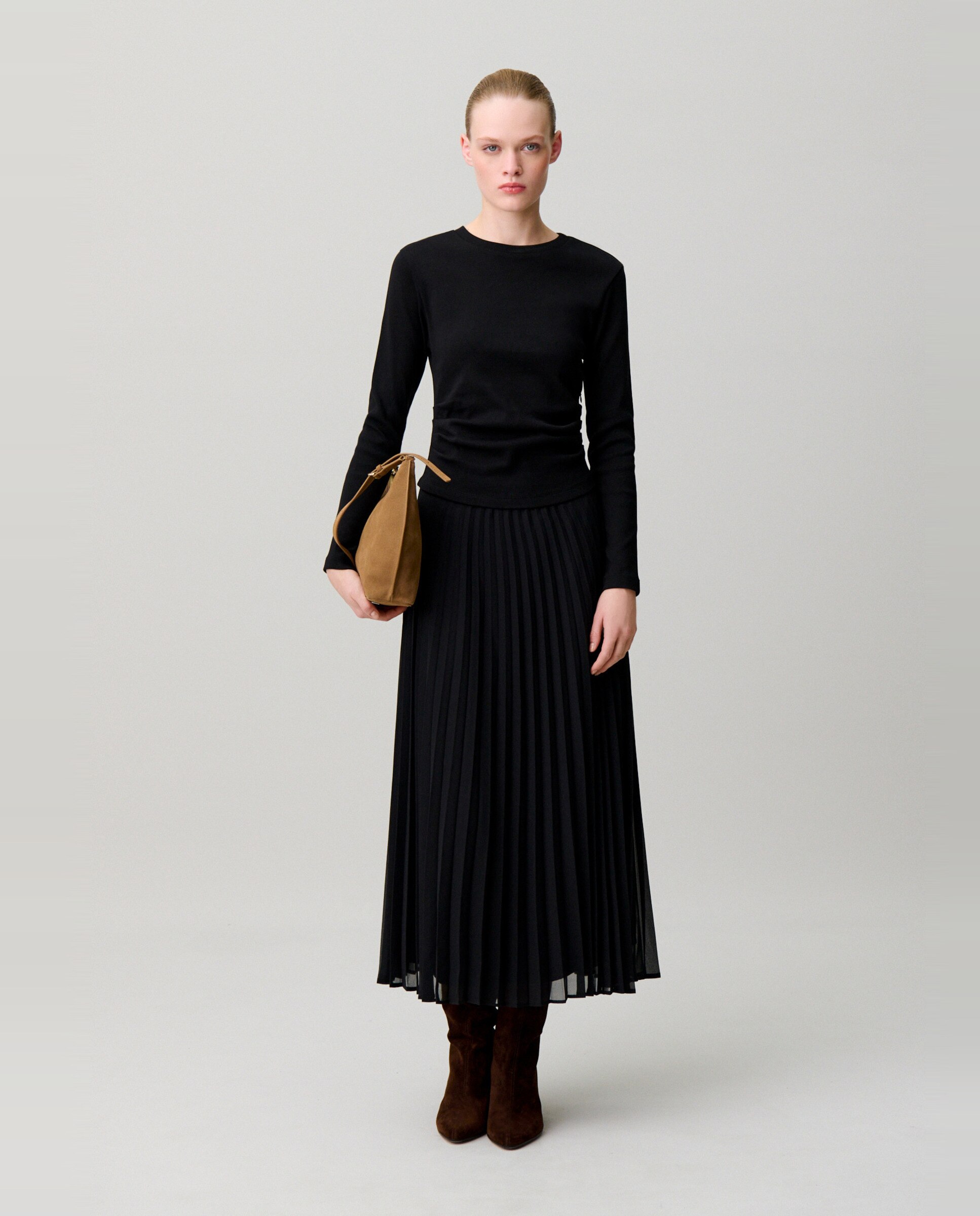 Vestido midi bimaterial plisado - Claudie Pierlot - Negro Negro-5