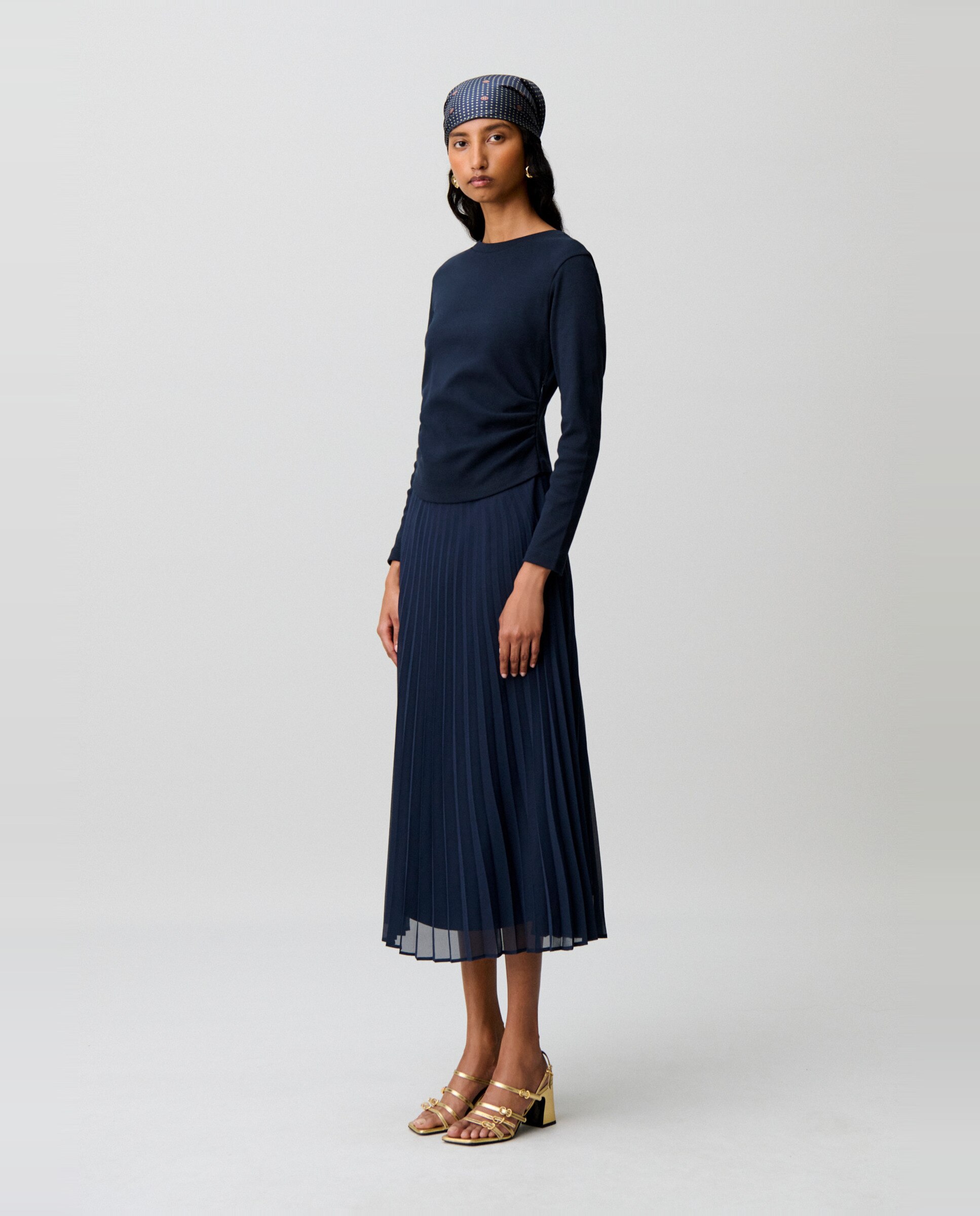 Vestido midi bimaterial plisado - Claudie Pierlot - Azul marino Azul marino-2