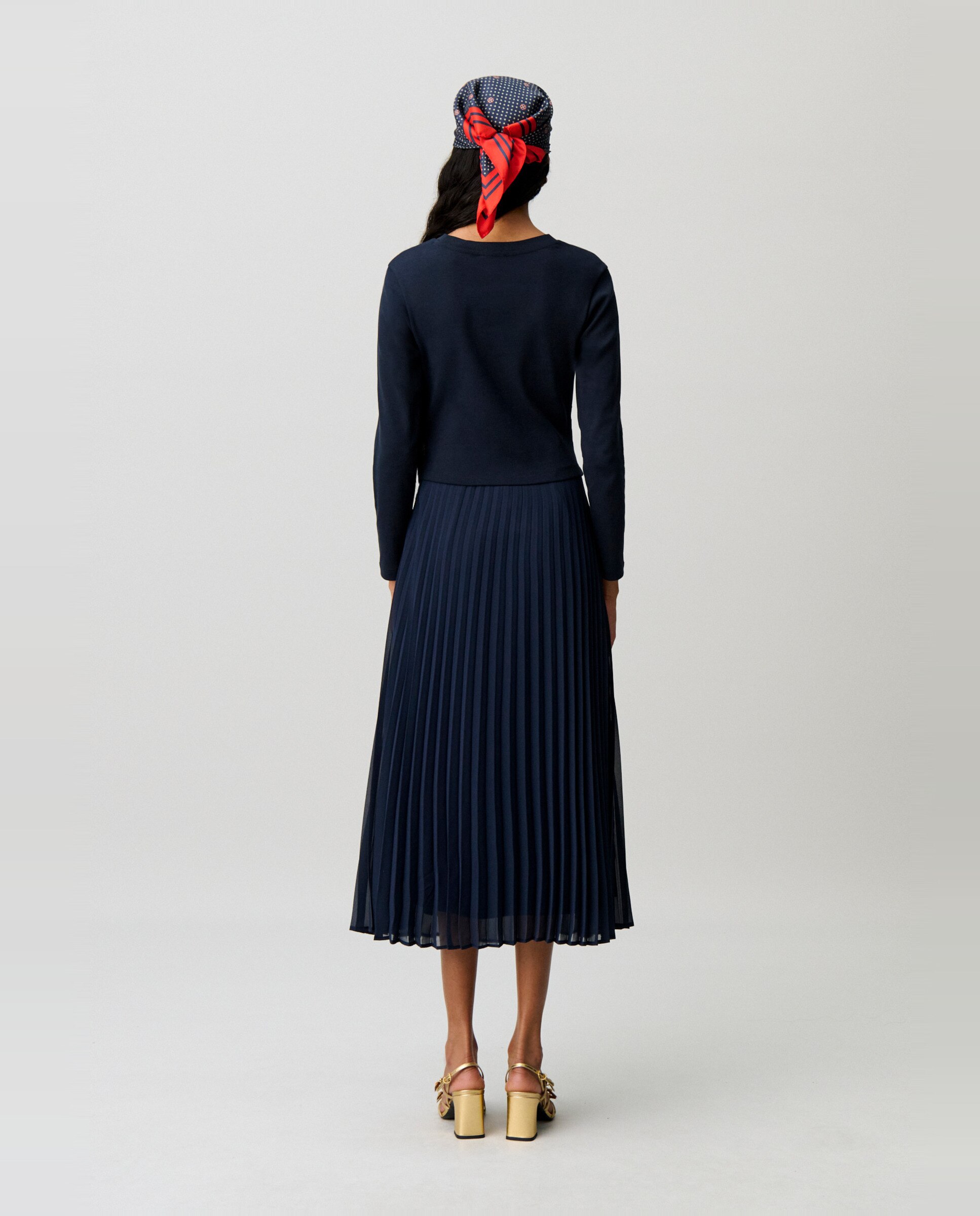 Vestido midi bimaterial plisado - Claudie Pierlot - Azul marino Azul marino-3