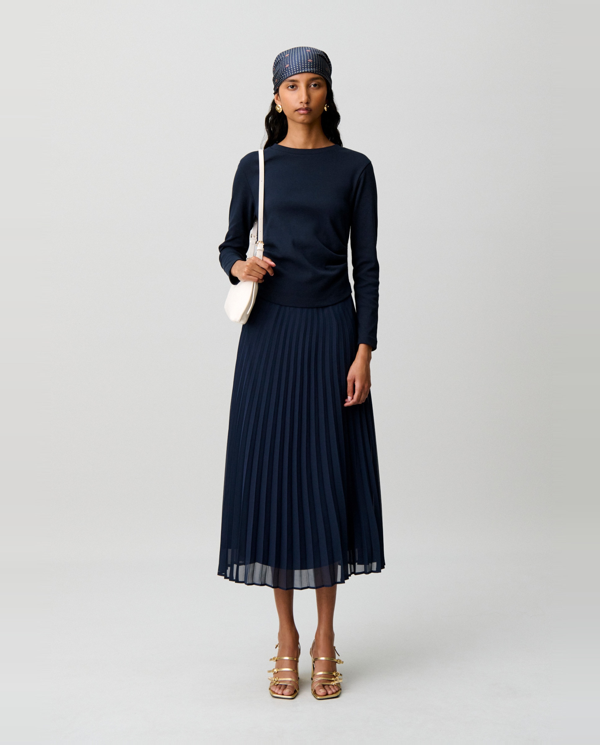 Vestido midi bimaterial plisado - Claudie Pierlot - Azul marino Azul marino-5