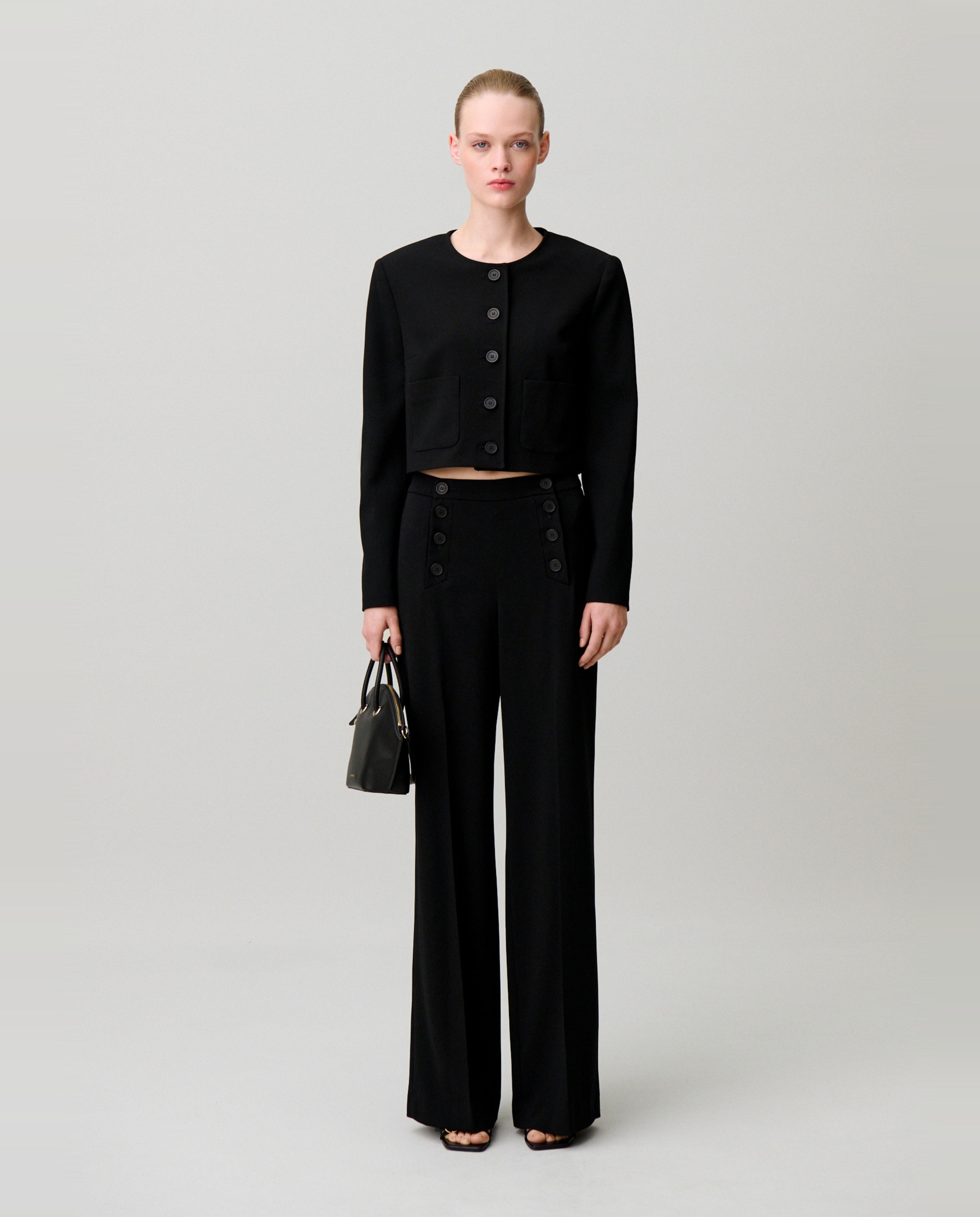 Chaqueta de mujer con cuello redondo y tapeta de botones - Claudie Pierlot - Negro Negro-4