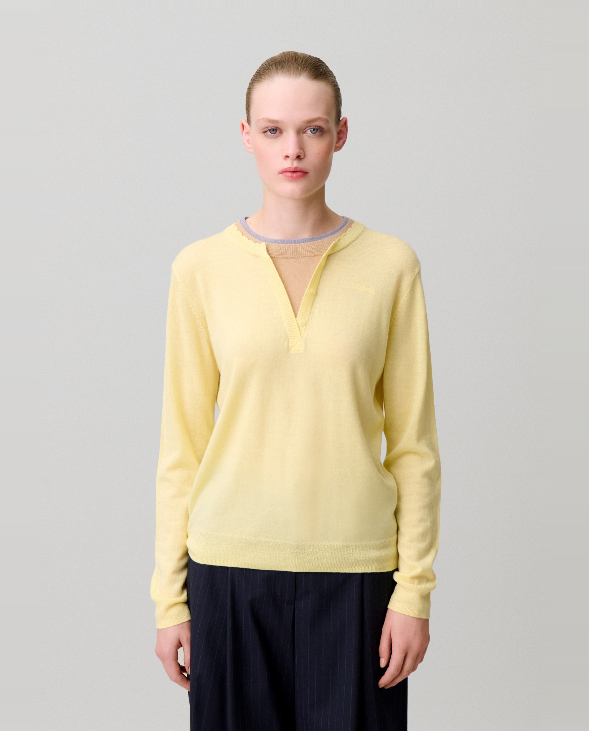 Jersey de punto de mujer 100% lana con triple cuello superpuesto en contraste - Claudie Pierlot - Amarillo Amarillo-1