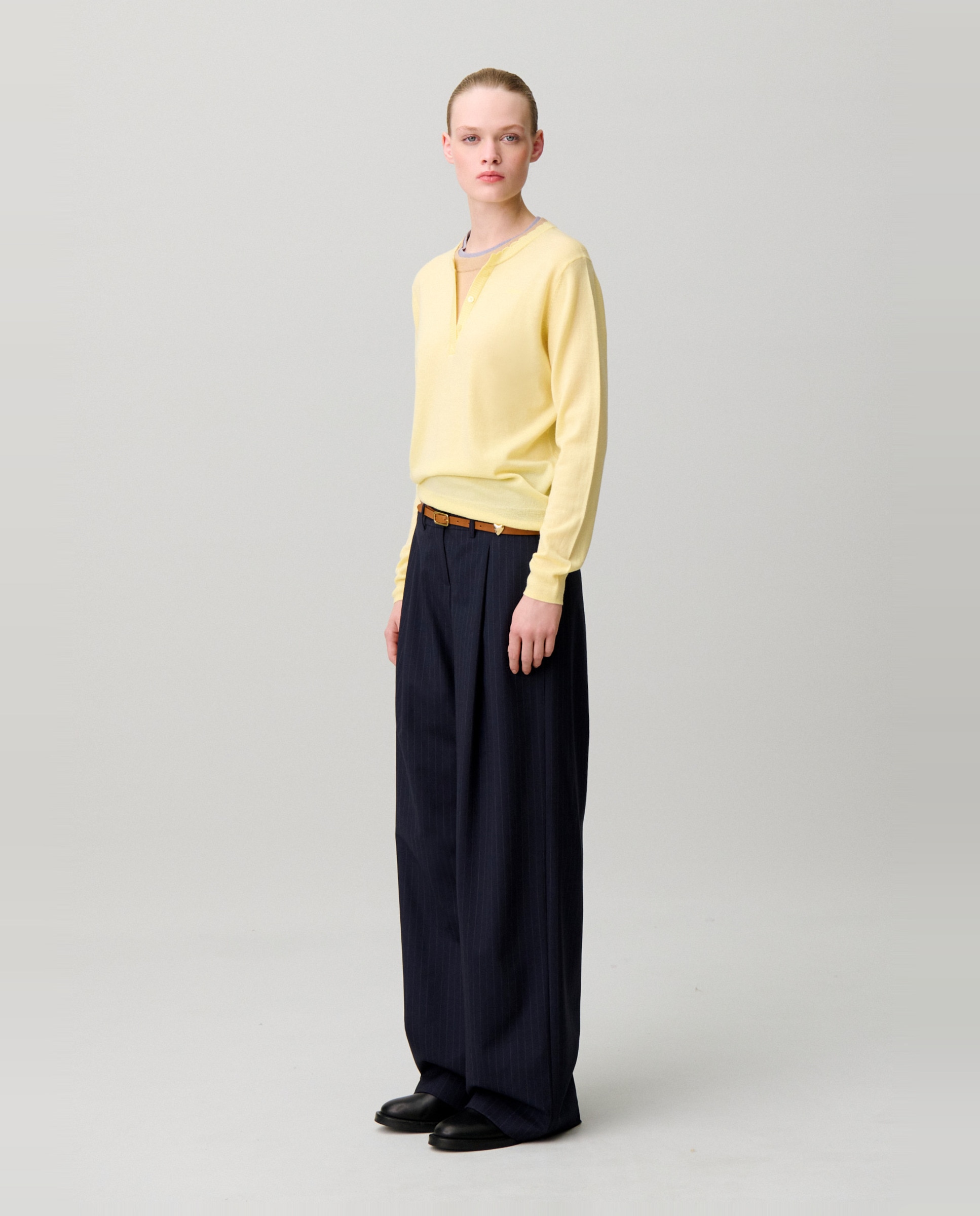 Jersey de punto de mujer 100% lana con triple cuello superpuesto en contraste - Claudie Pierlot - Amarillo Amarillo-3