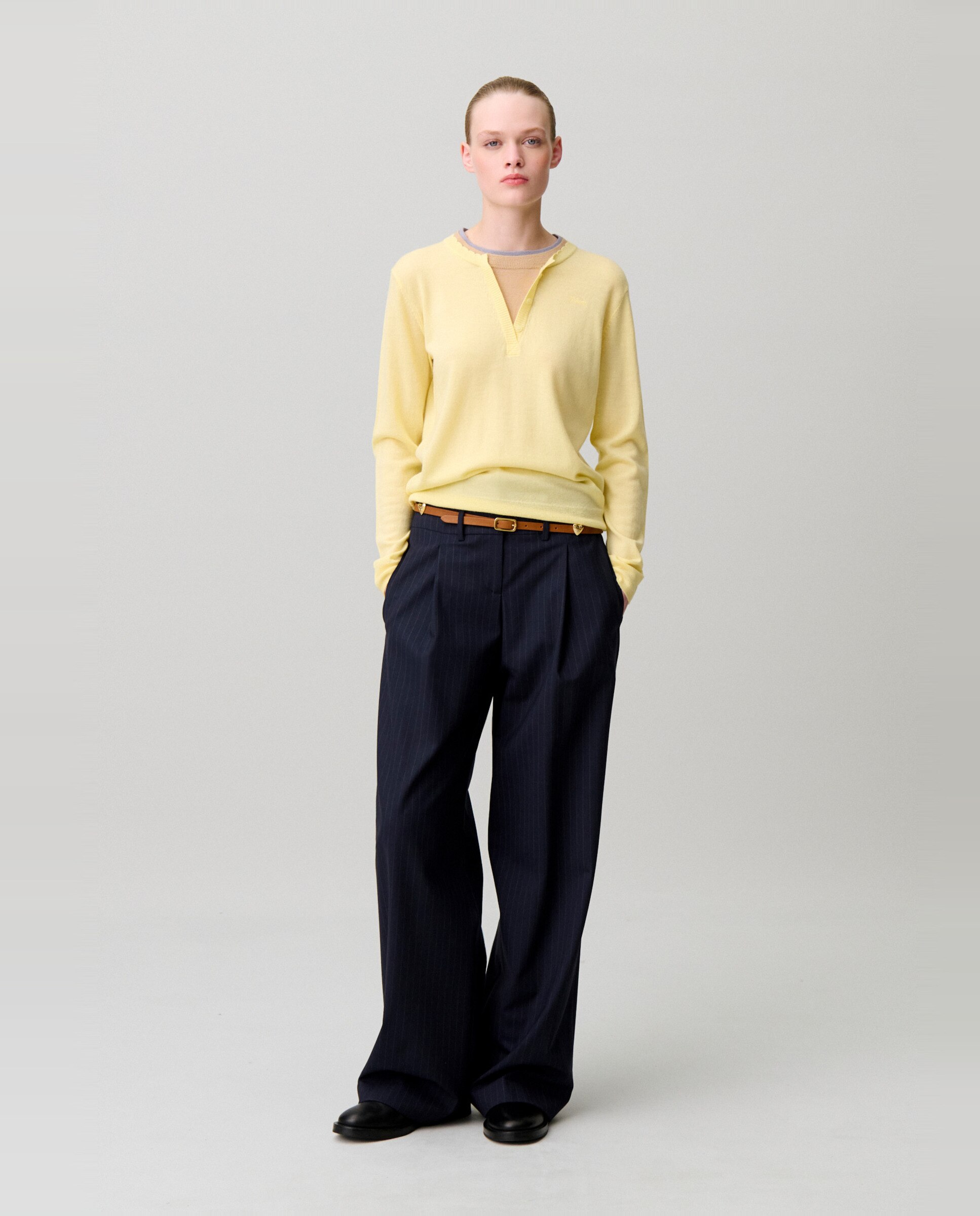 Jersey de punto de mujer 100% lana con triple cuello superpuesto en contraste - Claudie Pierlot - Amarillo Amarillo-4