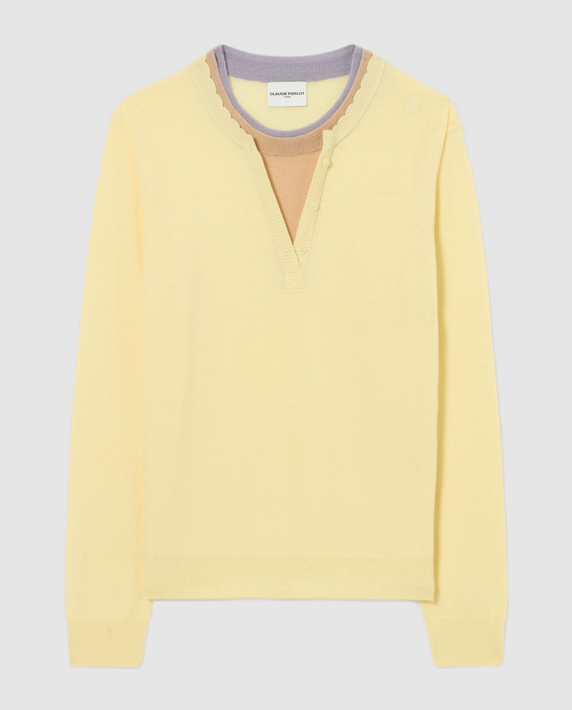 Jersey de punto de mujer 100% lana con triple cuello superpuesto en contraste - Claudie Pierlot - Amarillo Amarillo-6