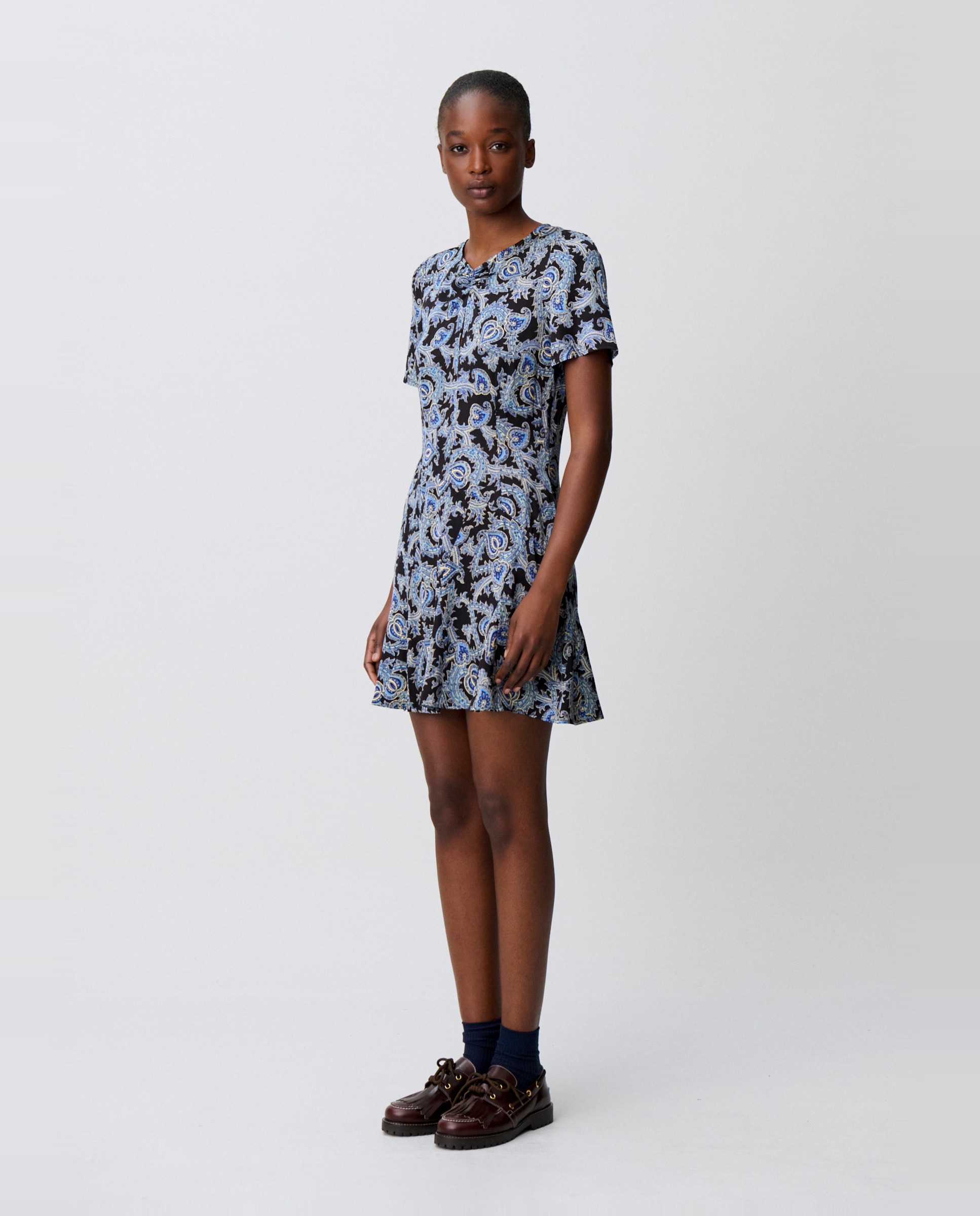Vestido corto fluido estampado con cuello v - Claudie Pierlot - Azul marino Azul marino-3