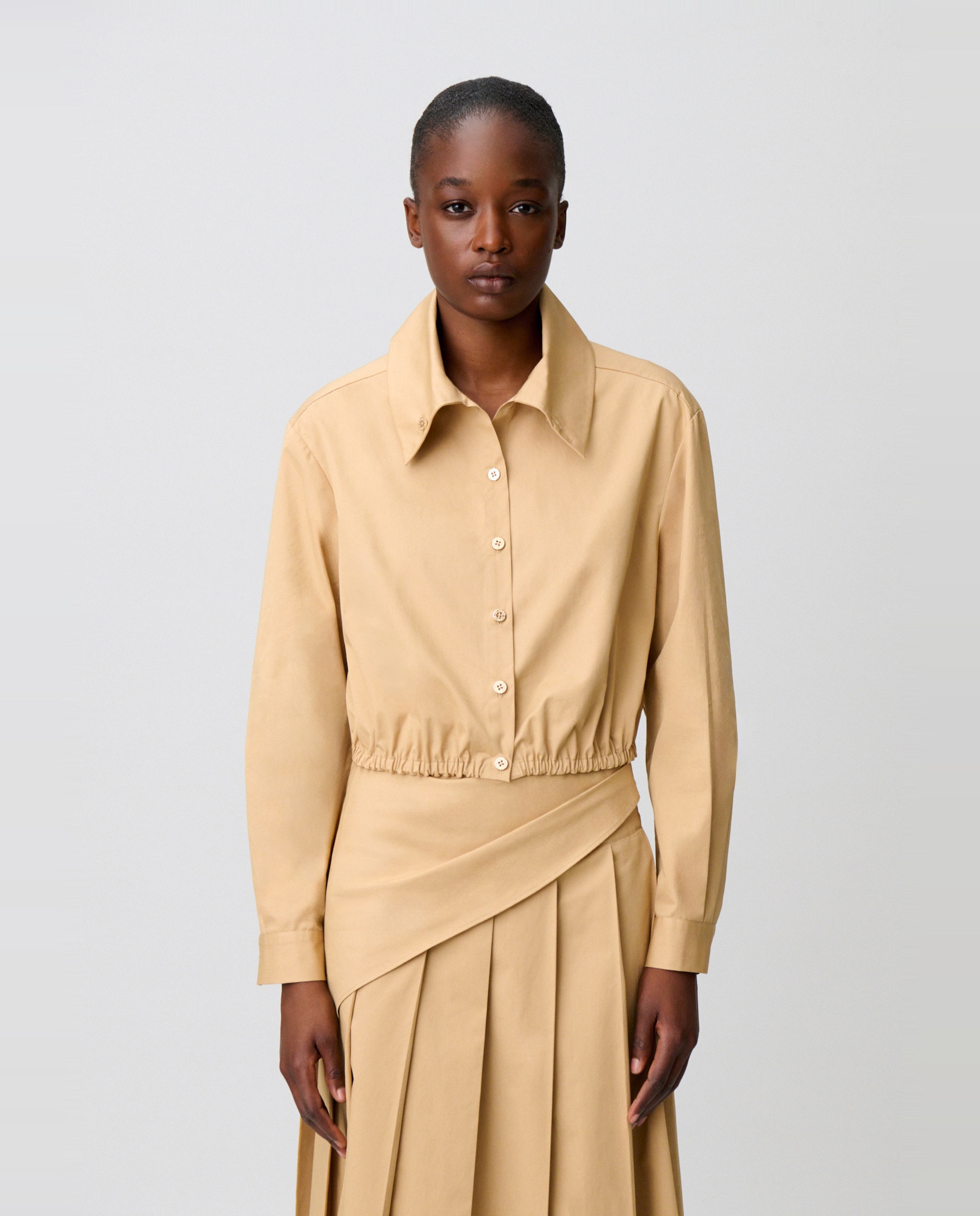 Camisa de mujer cuello alto vuelto manga larga fruncida con botones joya - Claudie Pierlot - Beige Beige-1