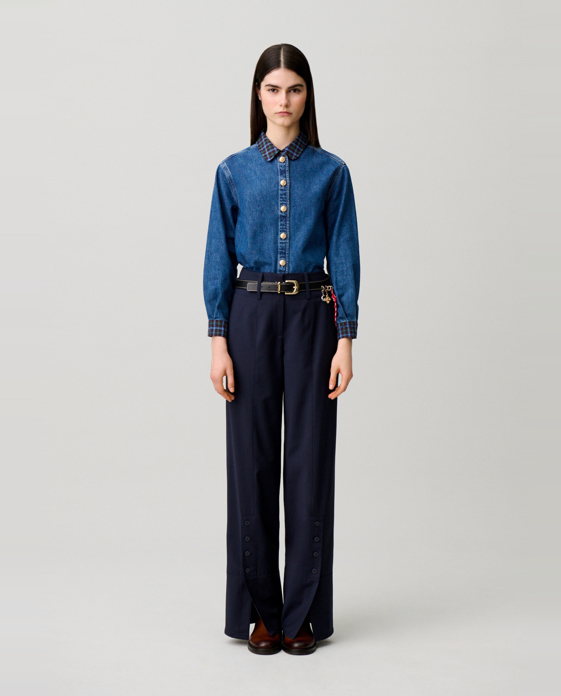 Pantalones anchos de mujer de pernera recta con lana - Claudie Pierlot - Azul marino Azul marino-1