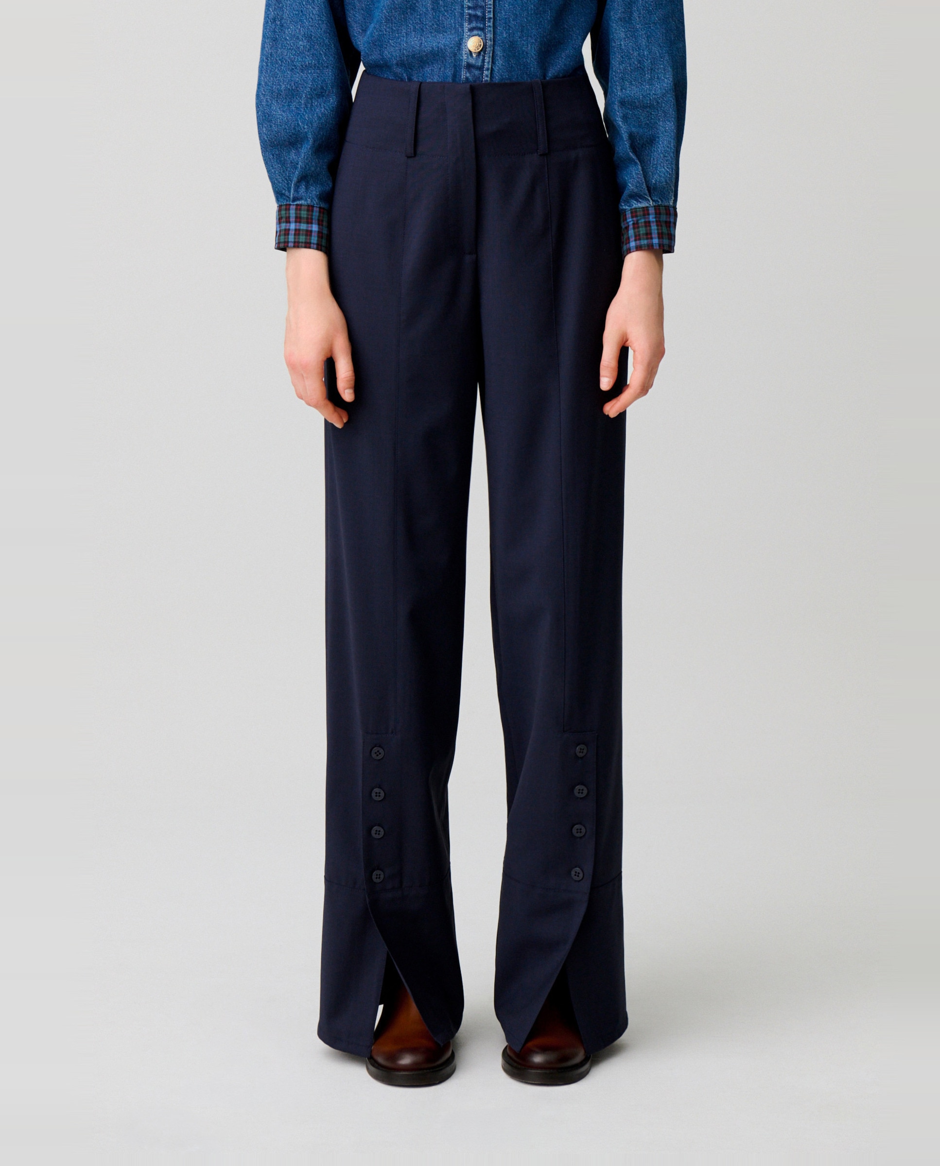 Pantalones anchos de mujer de pernera recta con lana - Claudie Pierlot - Azul marino Azul marino-2