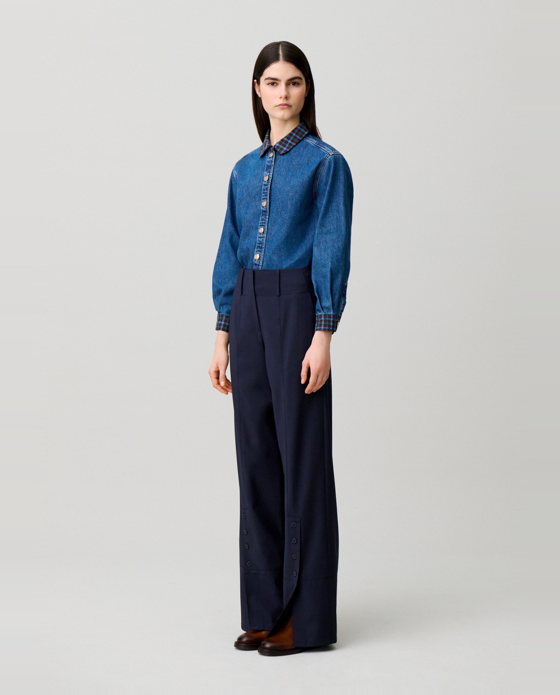 Pantalones anchos de mujer de pernera recta con lana - Claudie Pierlot - Azul marino Azul marino-4
