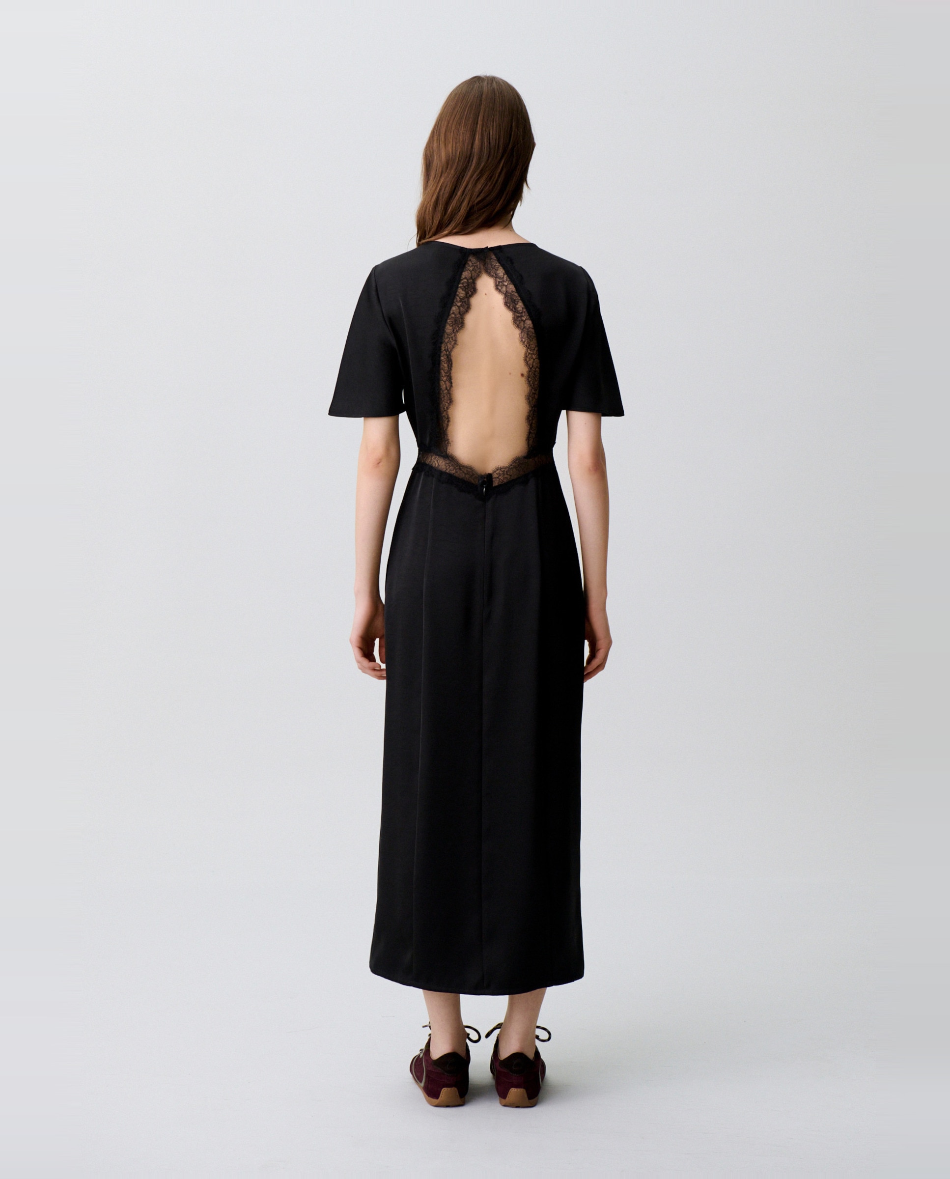 Vestido midi satinado con encaje y espalda descubierta - Claudie Pierlot - Negro Negro-3