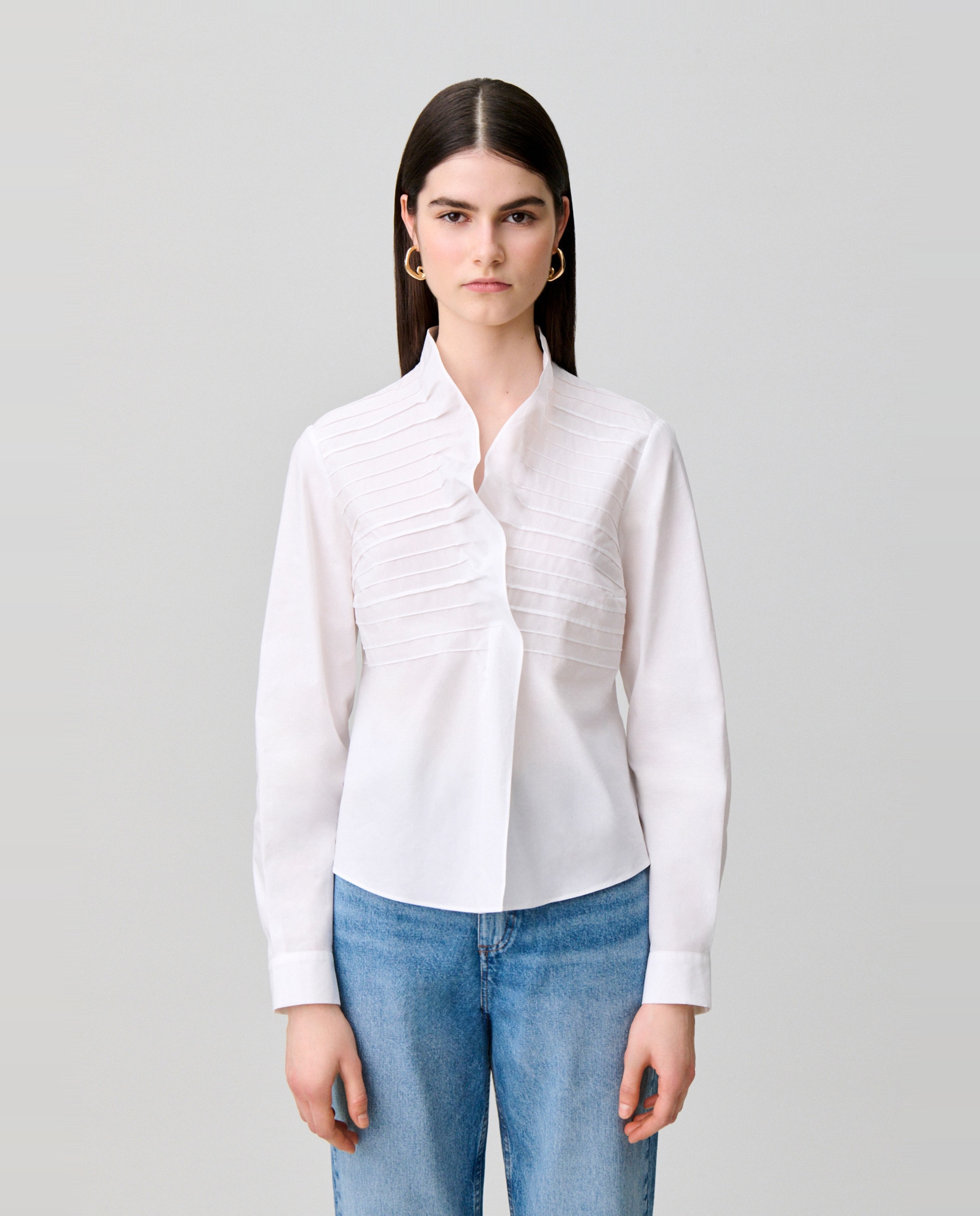 Camisa de popelín de mujer de manga larga con cuello victoriano de volantes - Claudie Pierlot - Blanco Blanco-1