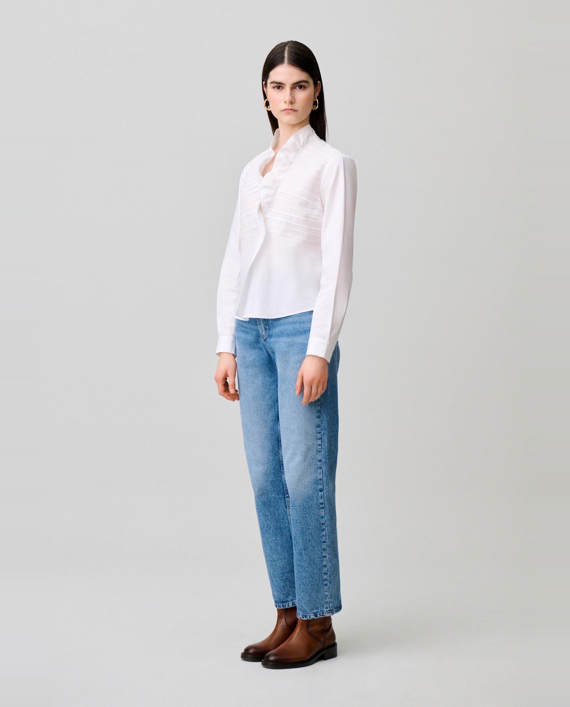 Camisa de popelín de mujer de manga larga con cuello victoriano de volantes - Claudie Pierlot - Blanco Blanco-3