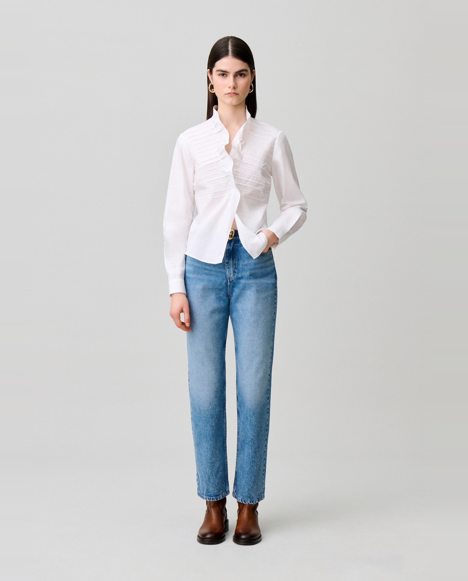Camisa de popelín de mujer de manga larga con cuello victoriano de volantes - Claudie Pierlot - Blanco Blanco-4
