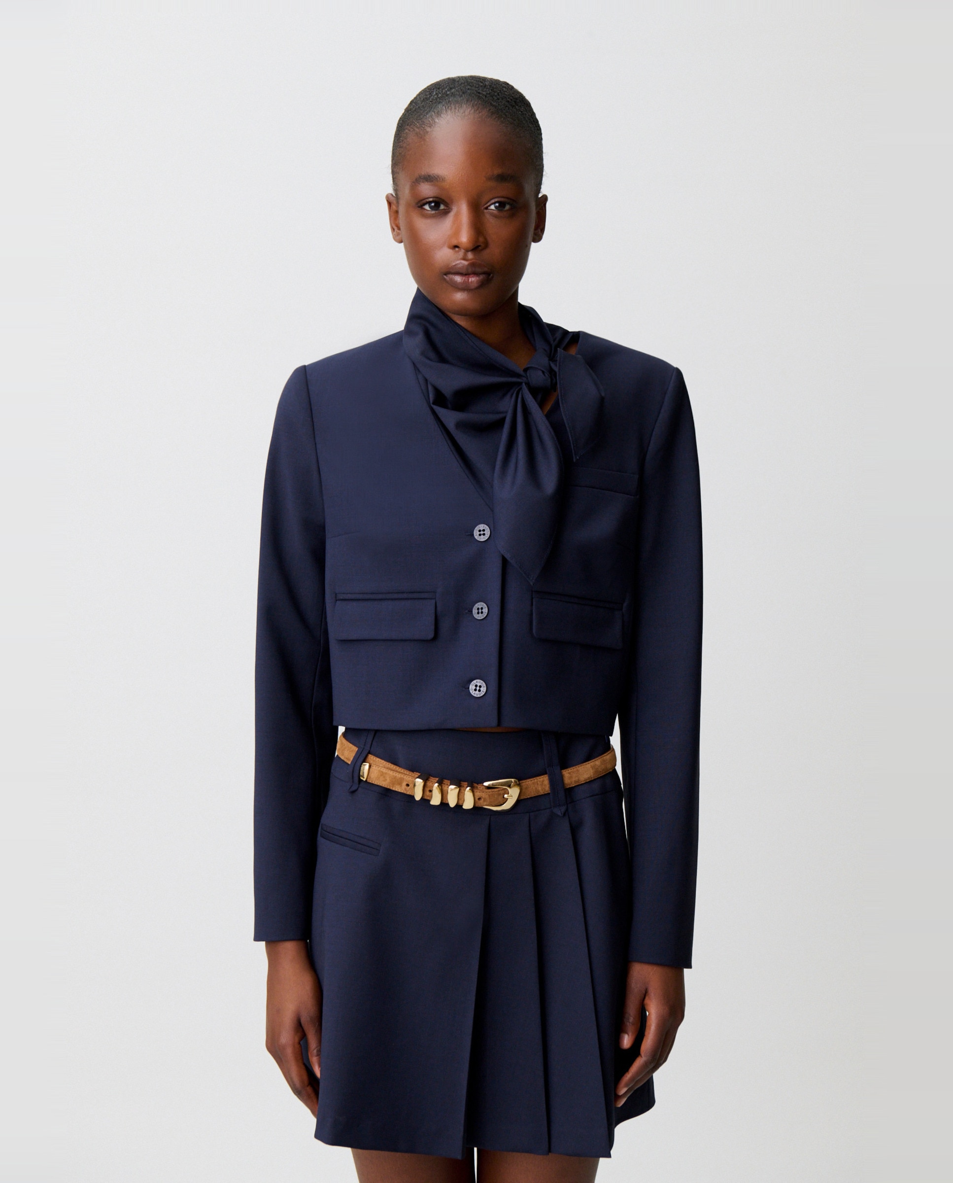 Chaqueta de punto de mujer tipo caja con cuello pañuelo - Claudie Pierlot - Azul marino Azul marino-1