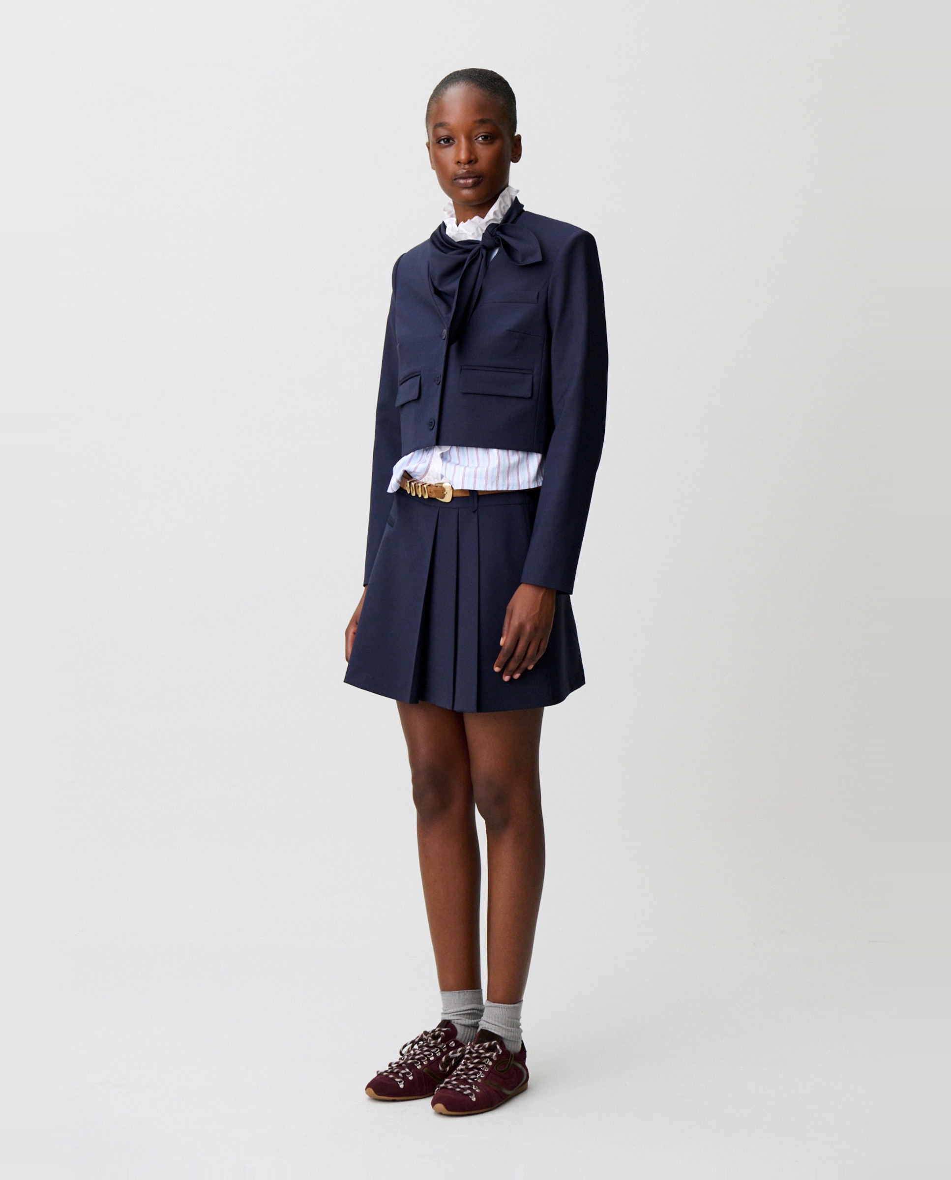 Chaqueta de punto de mujer tipo caja con cuello pañuelo - Claudie Pierlot - Azul marino Azul marino-3
