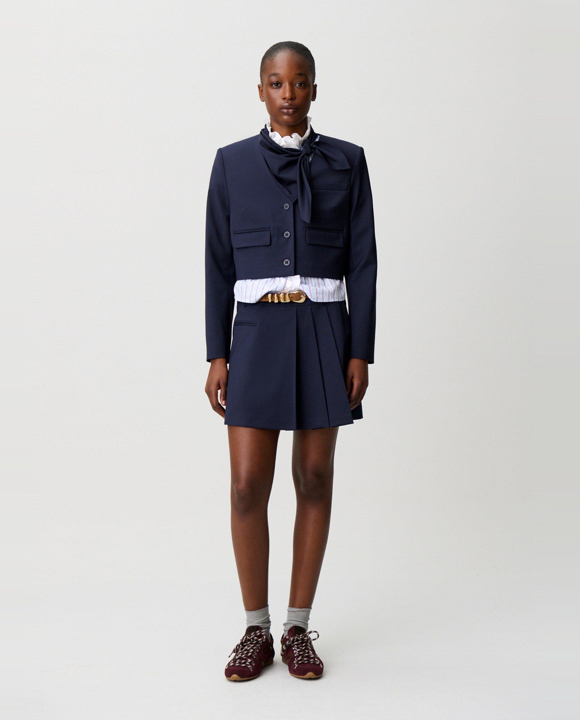 Chaqueta de punto de mujer tipo caja con cuello pañuelo - Claudie Pierlot - Azul marino Azul marino-4