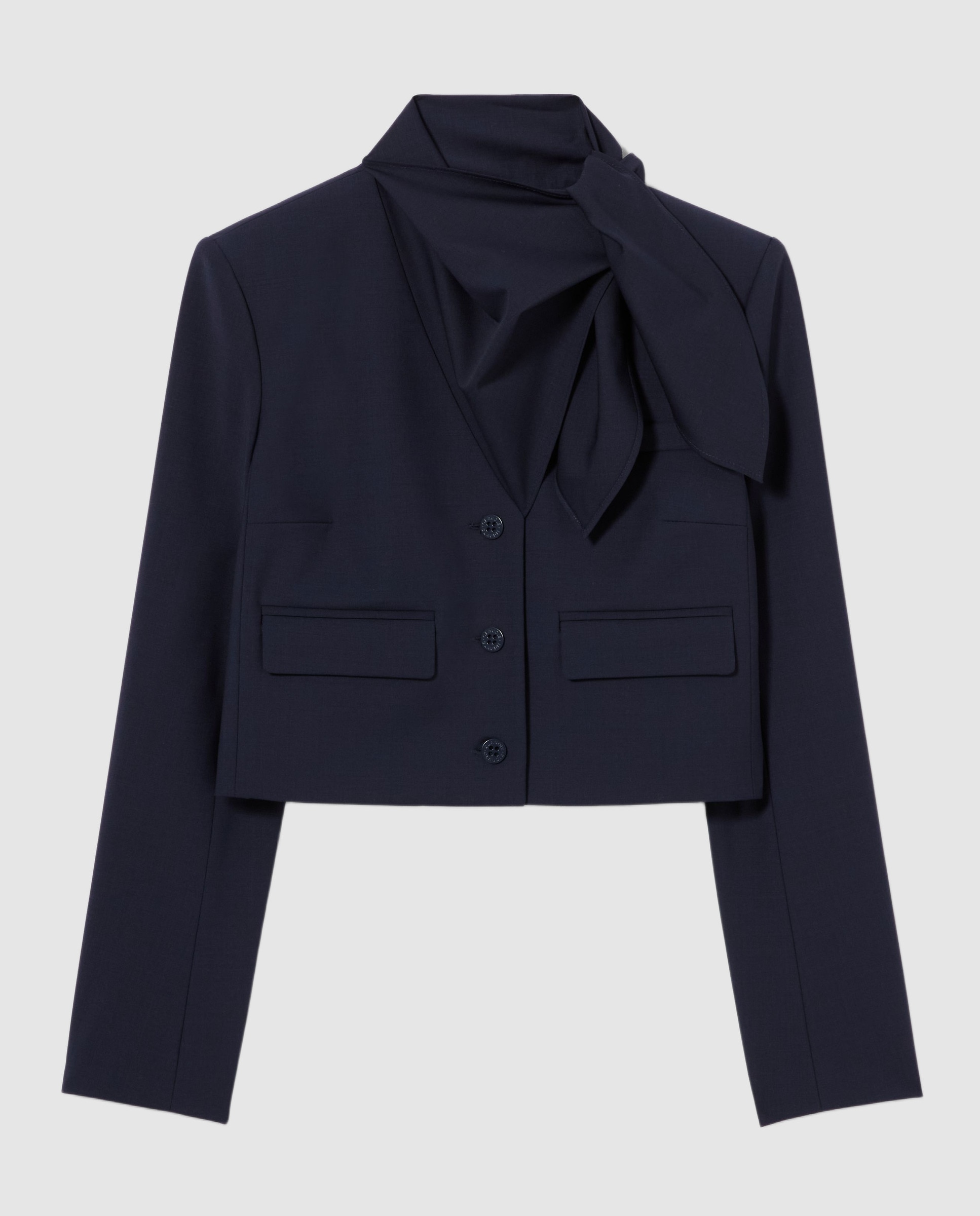 Chaqueta de punto de mujer tipo caja con cuello pañuelo - Claudie Pierlot - Azul marino Azul marino-6