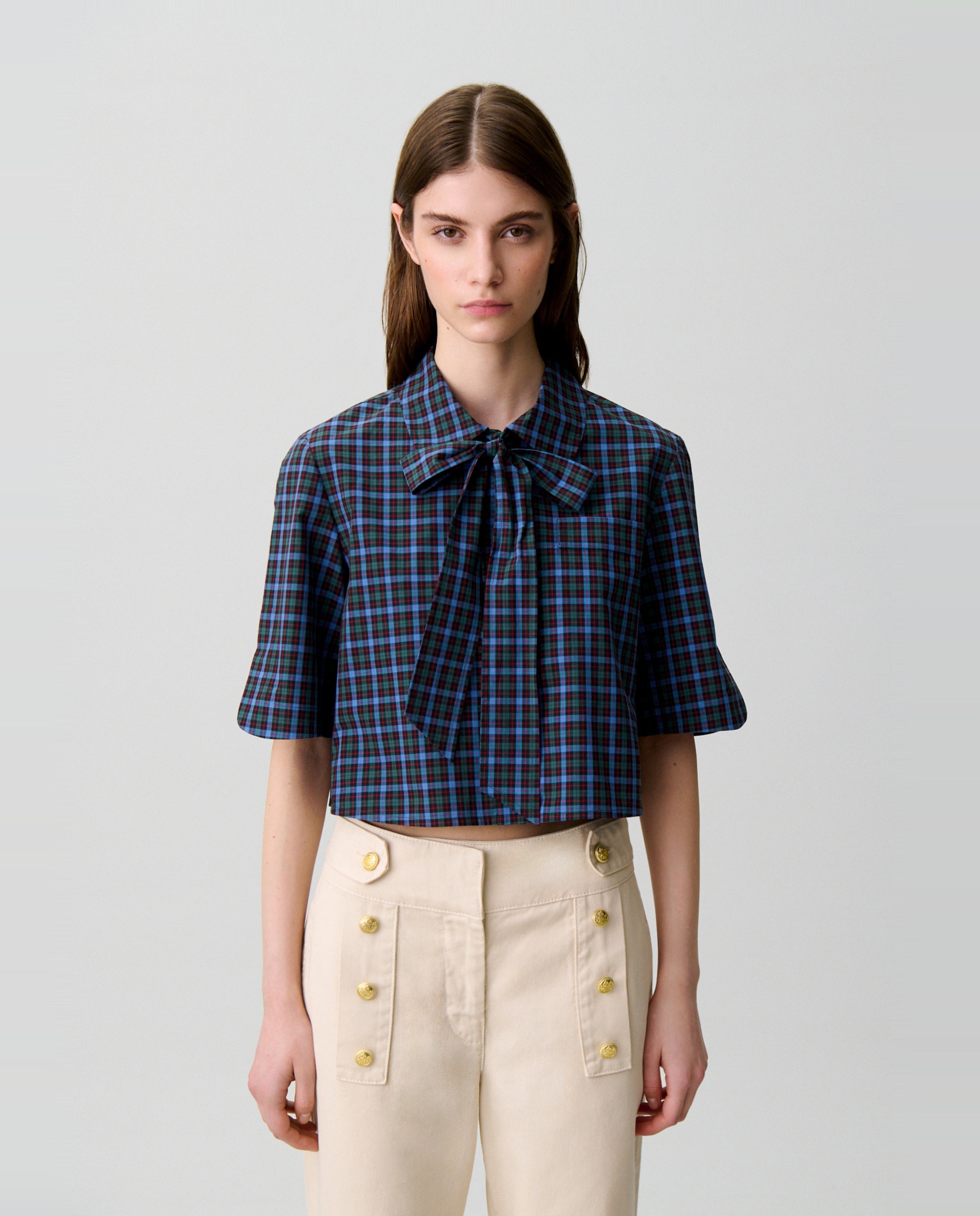 Camisa de mujer cropped de cuadros con cuello lavallière - Claudie Pierlot - Multicolor Multicolor-1