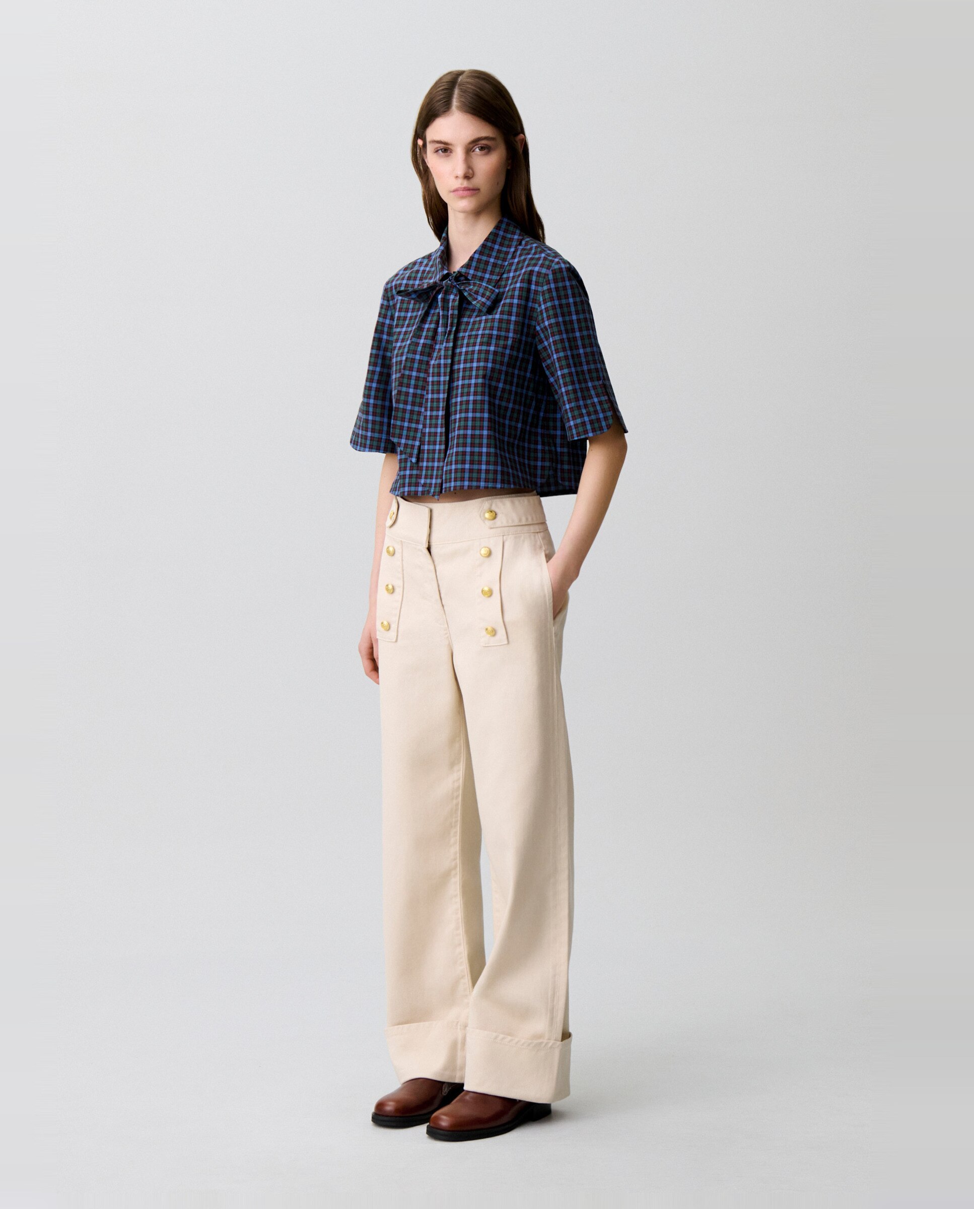 Camisa de mujer cropped de cuadros con cuello lavallière - Claudie Pierlot - Multicolor Multicolor-3